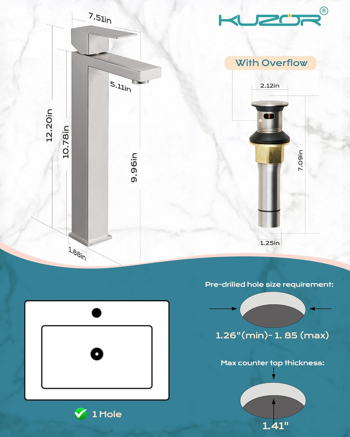 Vessel Sink Faucet Brushed Nickel, Tall Bathroom Faucets Stainless Steel, Faucet for Vanity/Bowl Sink with Metal Pop Up Drain - 9.96 Inch Spout High - Easy to Install