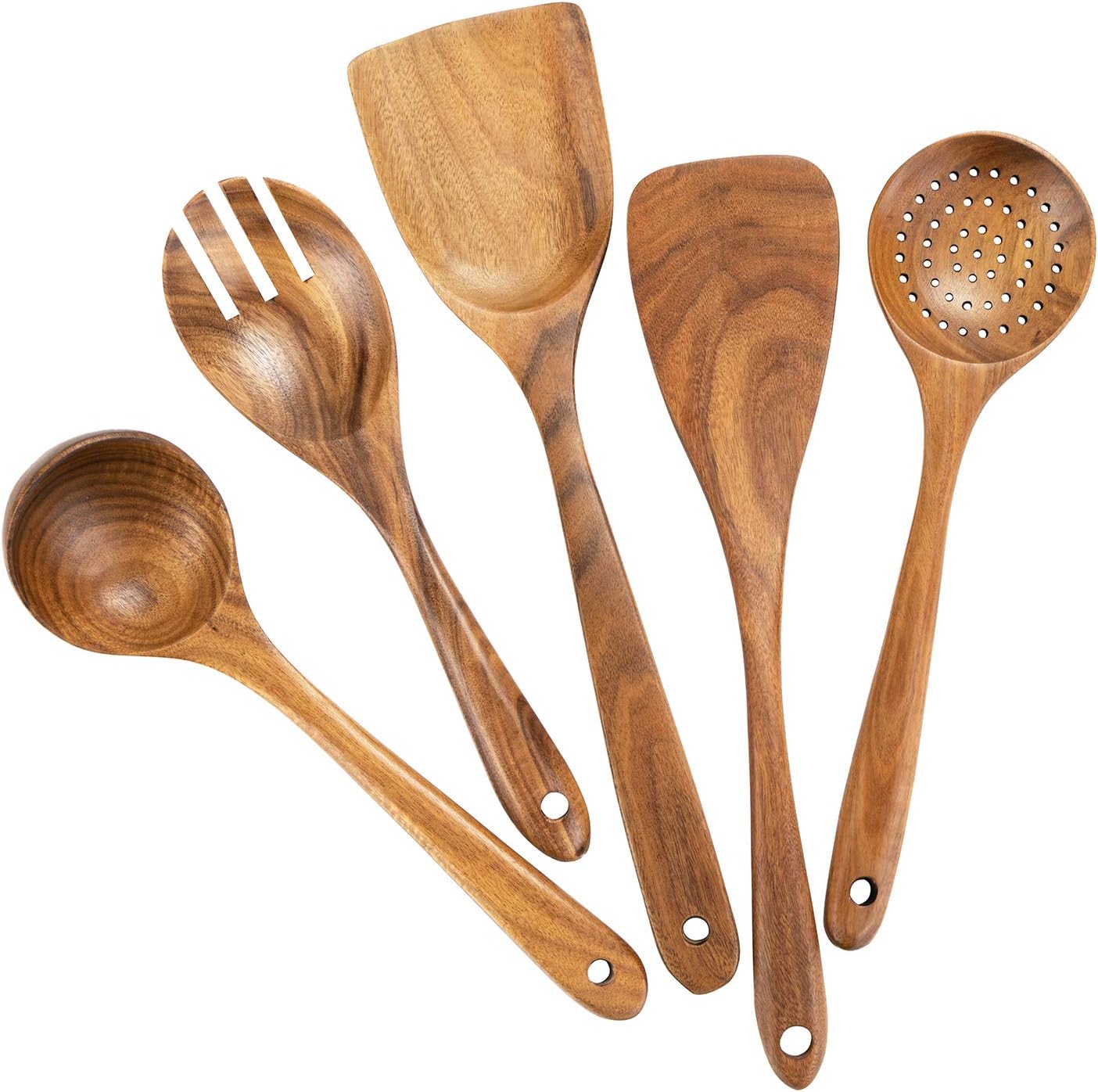 Wooden Cooking Utensils Set for Nonstick Kitchen Cookware Organic Teak Spoon Spatula Tools Great Gift for Chefs Foodies (5)