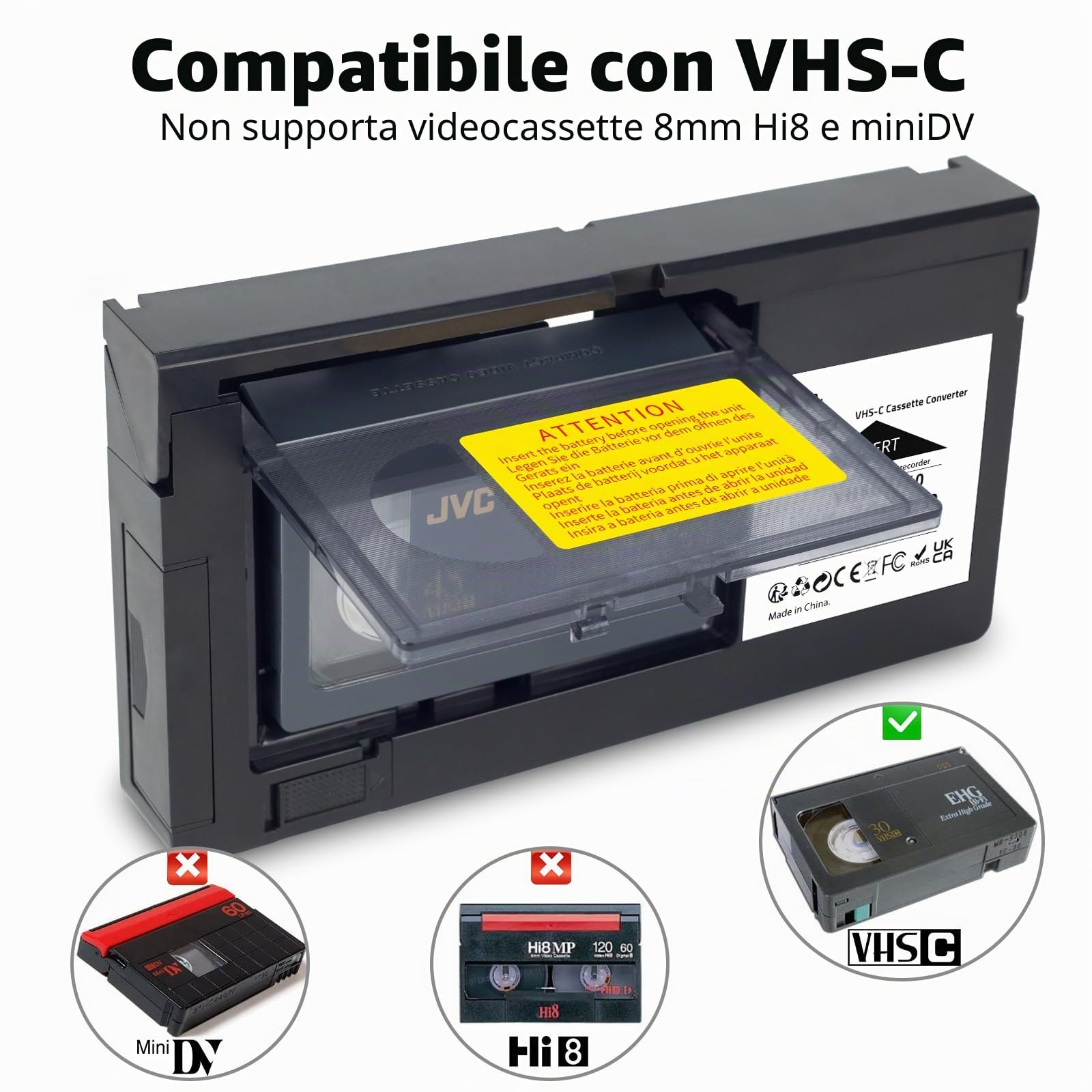 VHS-C - Adattatore per cassette compatibile con videocamere VHS-C SVHS JVC RCA Panasonic motorizzato VHS (non compatibile con 8 mm / MiniDV / Hi8)