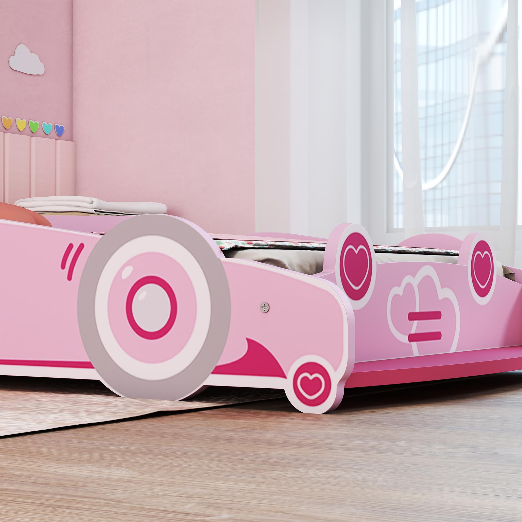 AIYAPLAY Letto per Bambini a Forma di Macchina, Lettino per Bambini da 3-5 Anni con Sponde Rialzate di Sicurezza, 140x70 cm, Rosa