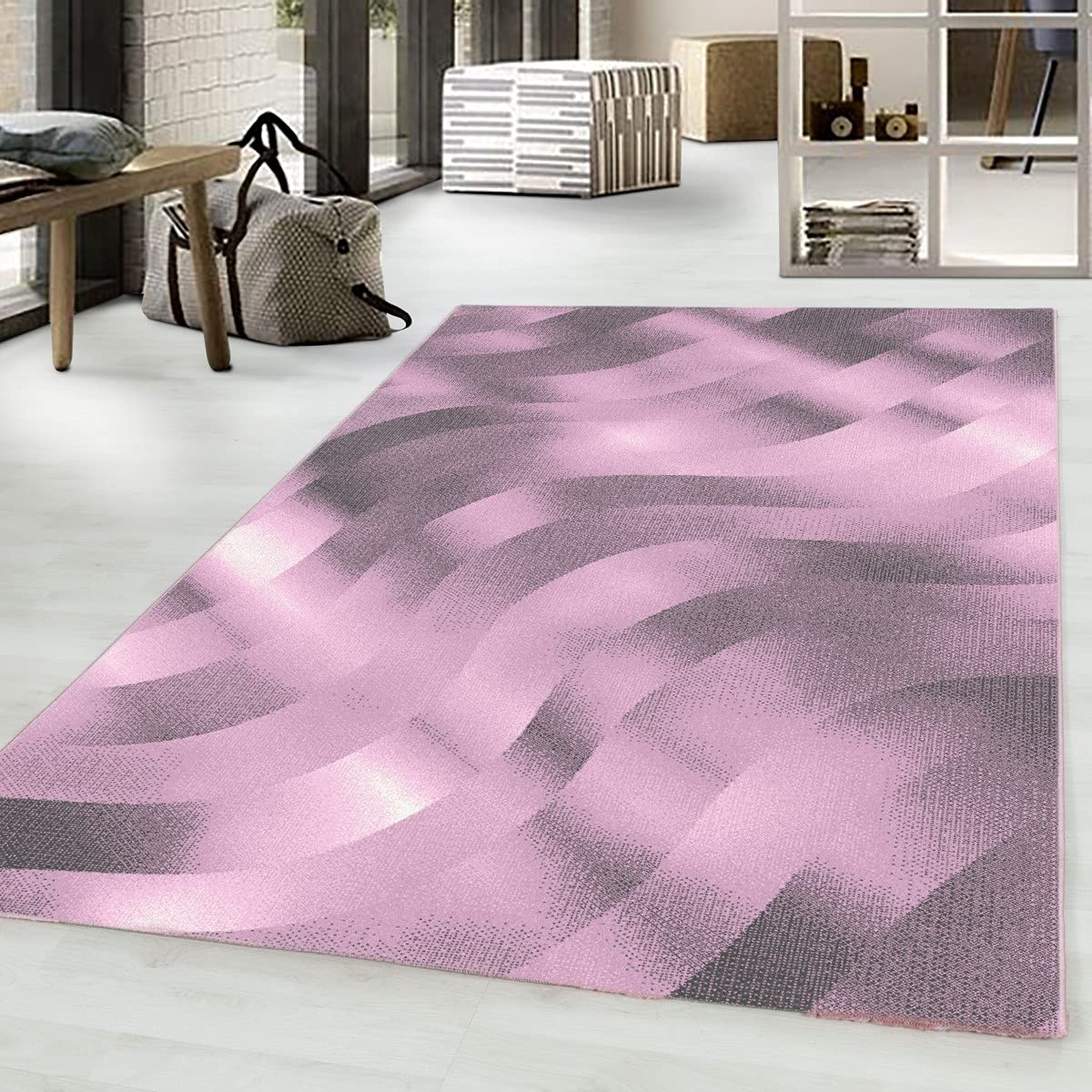 Tapis rose motif vagues abstraites grand tapis chiné 200x290 rectangulaire