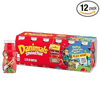 Danimals Smoothie Strawberry and Banana Dairy Drink Multi-Pack, Creamy and Delicious Low Fat Snacks for Kids, 12 Ct, 3.1 oz Smoothie Bottles