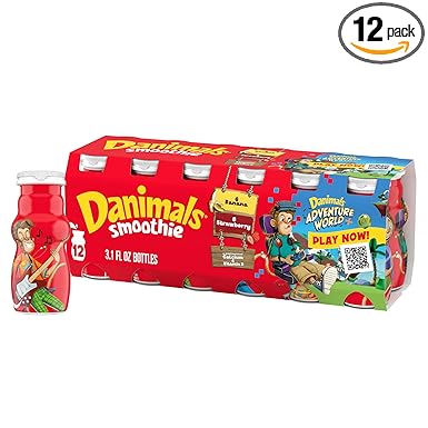 Danimals Smoothie Strawberry and Banana Dairy Drink Multi-Pack, Creamy and Delicious Low Fat Snacks for Kids, 12 Ct, 3.1 oz Smoothie Bottles