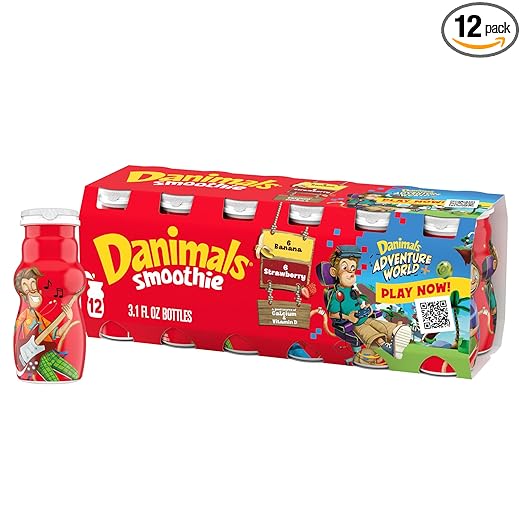 Danimals Smoothie Strawberry and Banana Dairy Drink Multi-Pack, Creamy and Delicious Low Fat Snacks for Kids, 12 Ct, 3.1 oz Smoothie Bottles