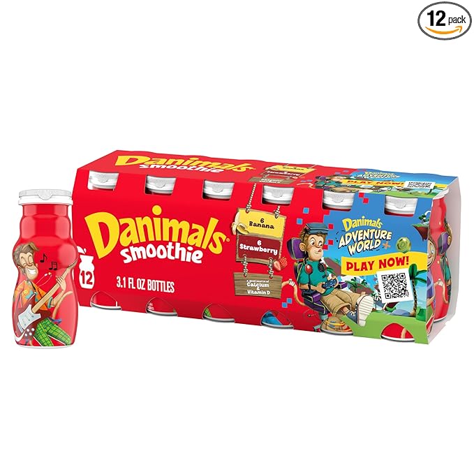 Danimals Smoothie Strawberry and Banana Dairy Drink Multi-Pack, Creamy and Delicious Low Fat Snacks for Kids, 12 Ct, 3.1 oz Smoothie Bottles