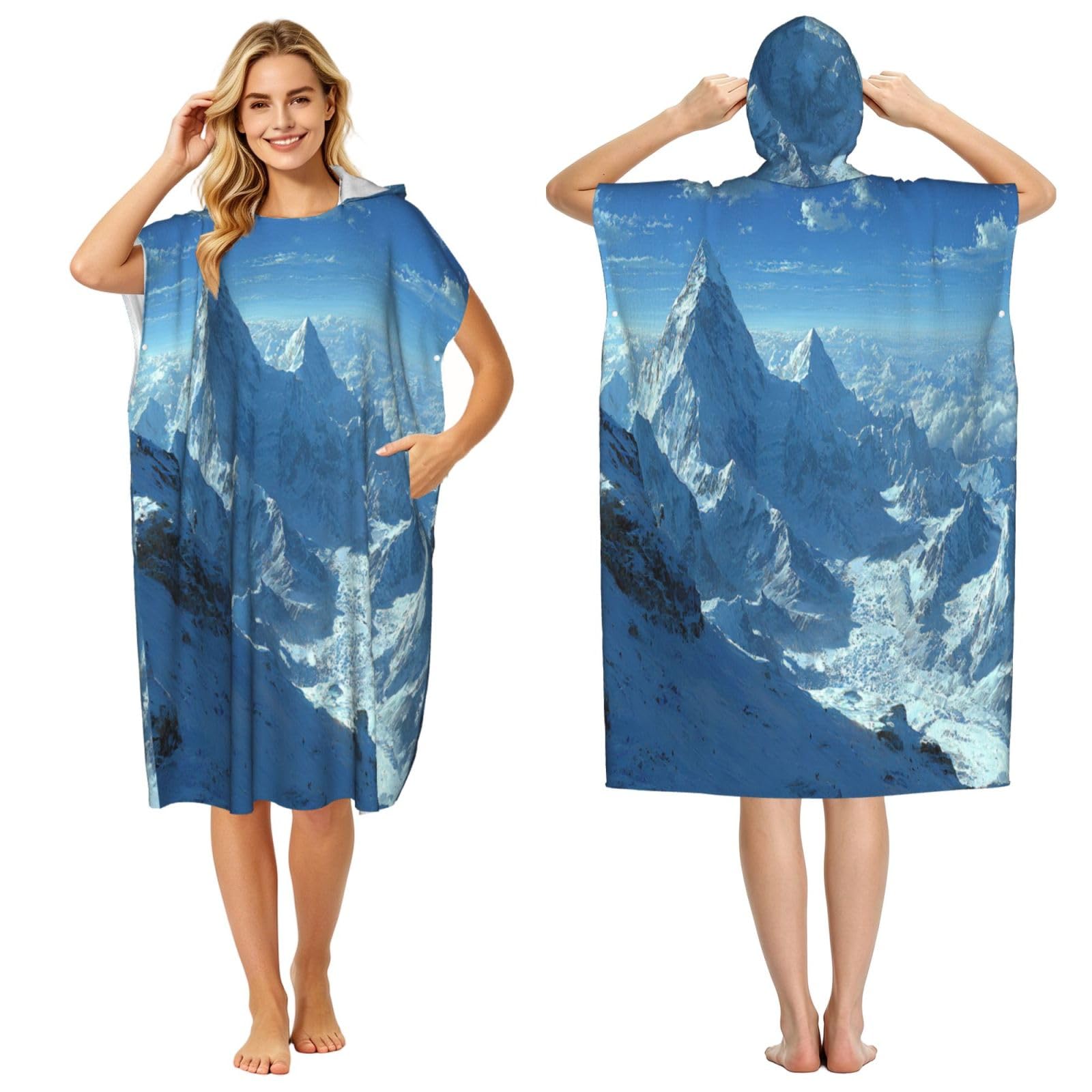 KLGRTJHK Snow Mountain Adult Hooded Beach Poncho Towel 43"X35"