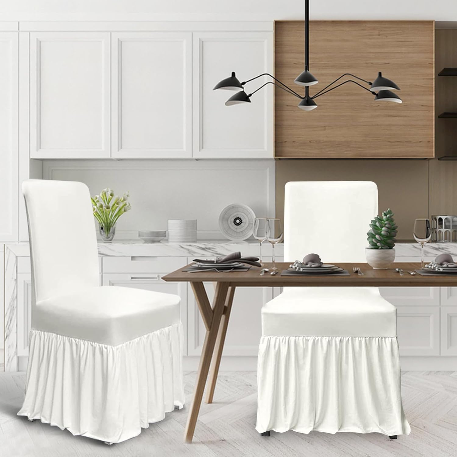 molasofa Chair Covers for Dining Room Set of 2 Stretch Chair Slipcovers with Skirt for Kitchen Seat Protectors Wedding Banquet Decor Kids Pets Spandex Fabric Washable (2pcs, Cream)