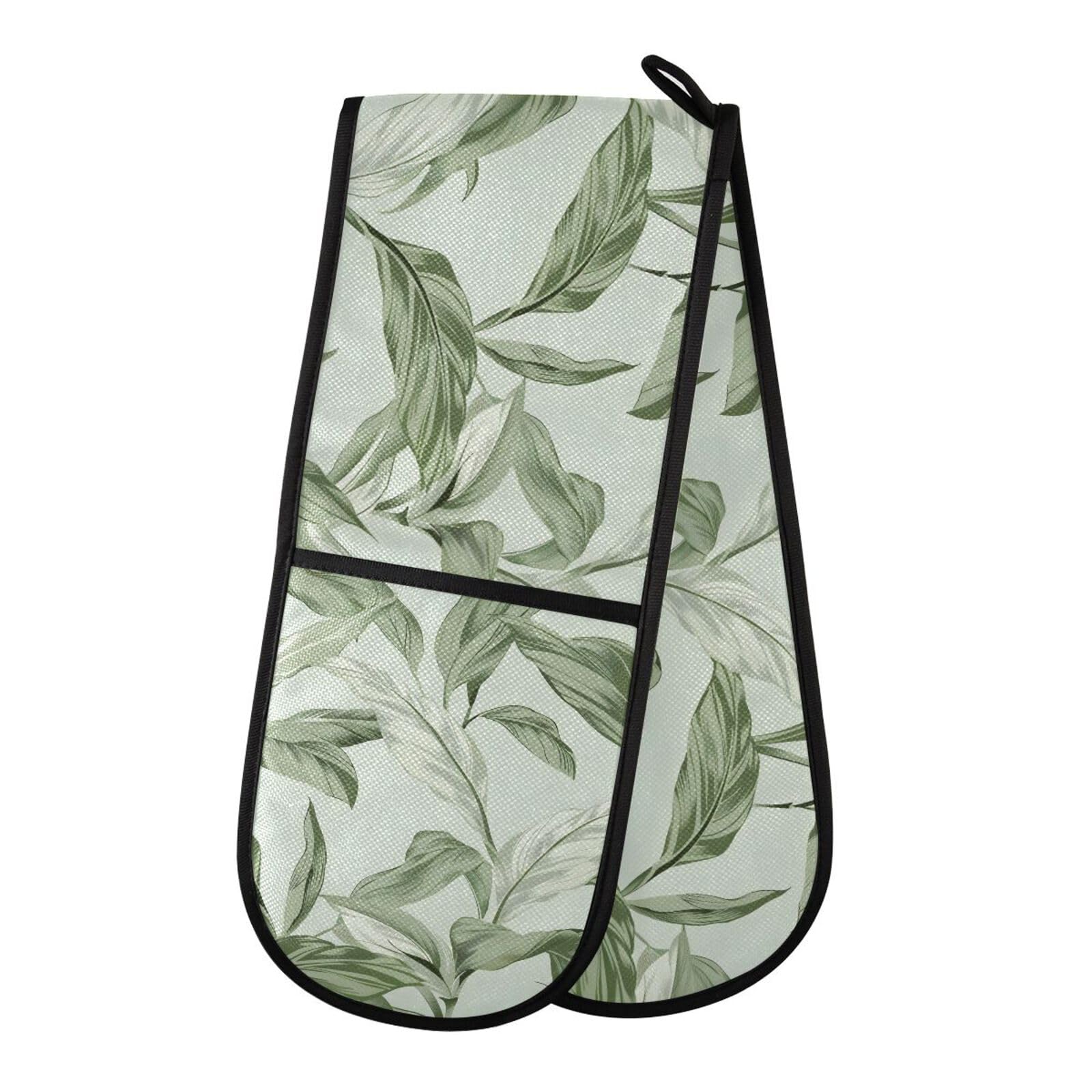 Oven Gloves Double Oven Gloves Leaves Green Leaf Oven Mitts Pot Holder Heat Resistant Quilted for BBQ Baking Kitchen Cooking Gloves
