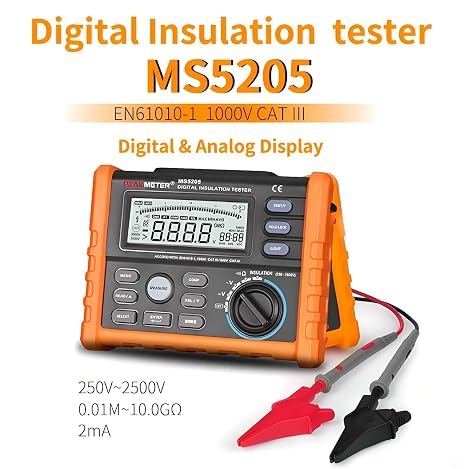 High Voltage Resistance Meter Tester Megohmmeter MS5205 Insulation Resistance Tester 2500V Analog Digital Megohmmeter 0.01-100G Ohm Test automatically calculate PI/DAR