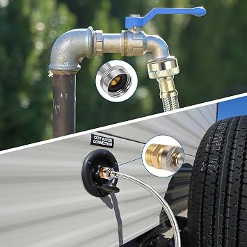 Air Compressor Water Blow Out Adapter with 100psi Pressure Gauge, with 1/4 Quick Connect Shut-Off Valve & 3/4 GHT Blow-Out Fitting Adapter, 304 SS Hose for Camper, Travel Trailer(60)