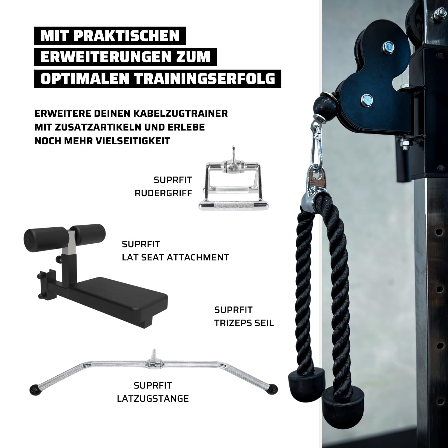 SUPRFIT - Kabelzug Fitness Kraftstation für zuhause inkl. Steckgewichte bis 81kg Zuglast pro Seite - Robuste Kabelzugstation mit Klimmzugsstange & Griffen für Diverse Übungen im Homegym - 298x200cm