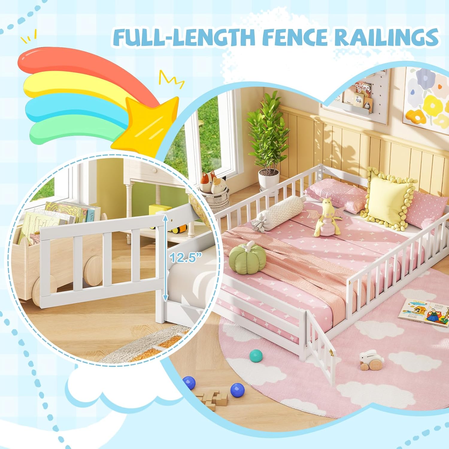 Giantex Full Floor Bed with Door & Fence, Kids Wood Montessori Beds with Safety Guardrails, Floor Bed Twin for Kids, Boys, Girls, No Box Spring Needed, White