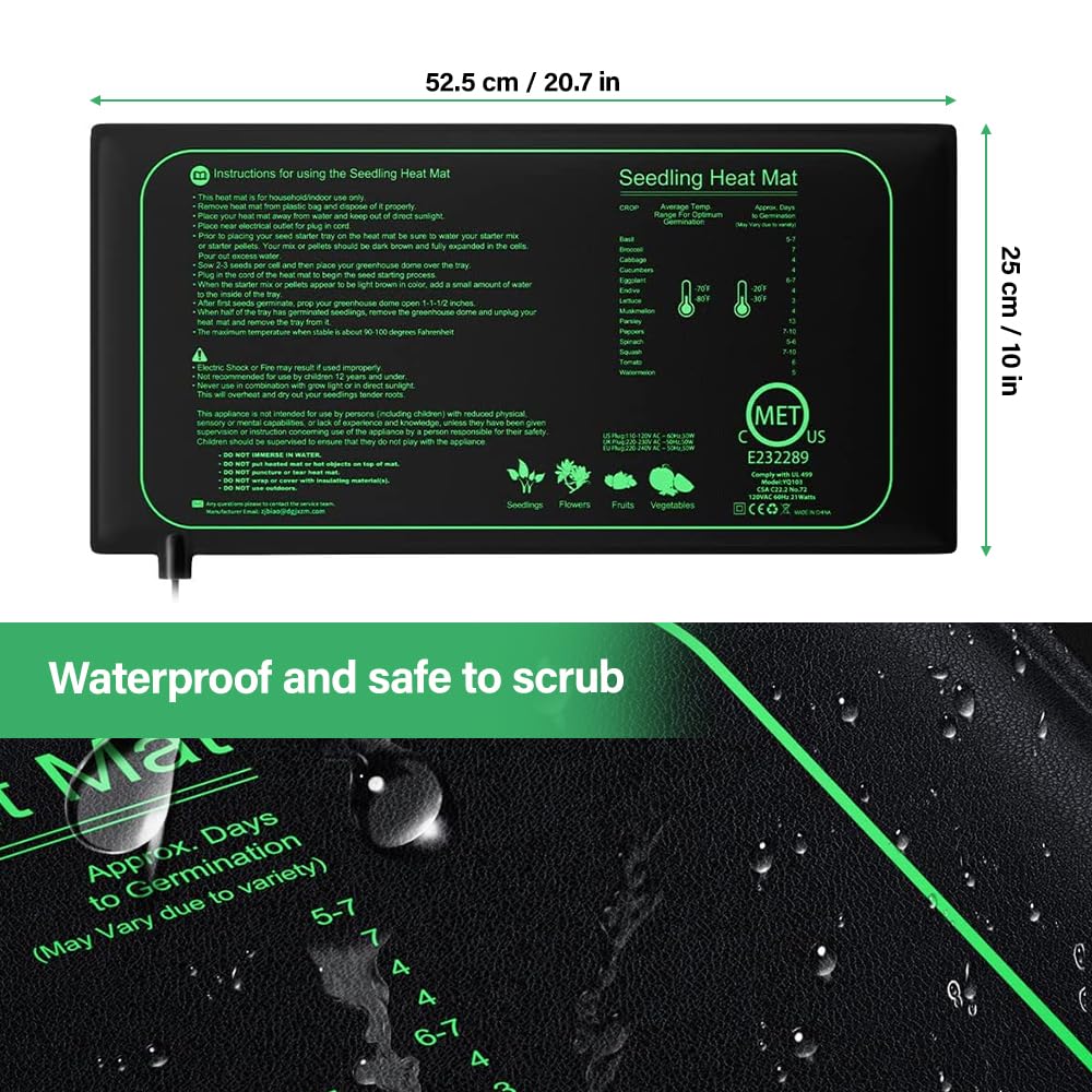 Estera Calefactora para Plantas, 50W Alfombrilla de Calor para Plantas con Controlador de Termostato, Alfombrilla térmica Duradera para Plántulas, Mascotas y Reptiles Negro 20.75X10 Inch