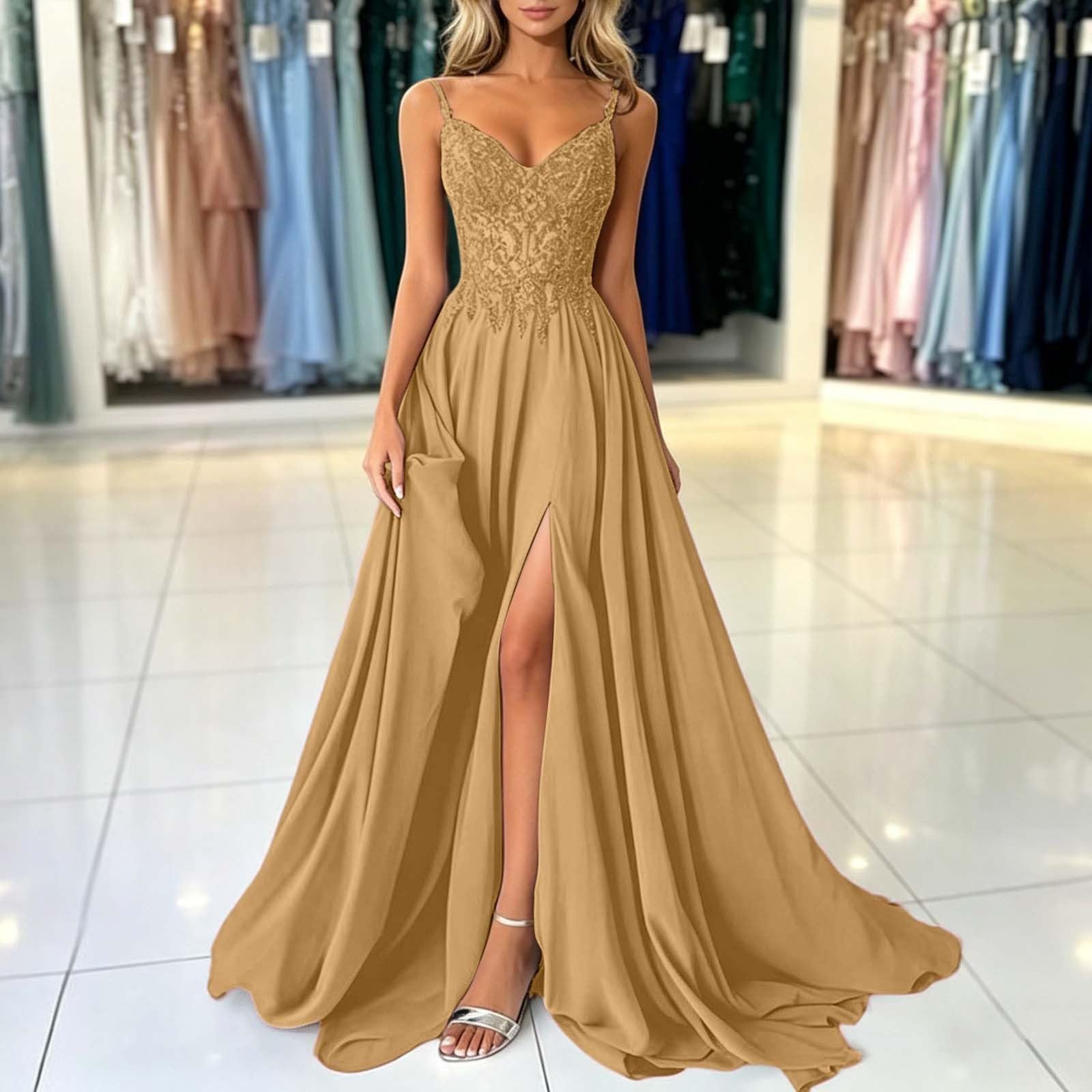Genérico Vestido de Noche Elegante Línea A Vestidos de Fiesta Trajes Vestir Elegante Cuello en V para Mujer Falda Tirantes y Largo Bodycon Dama Honor Invitada Boda o Graduación
