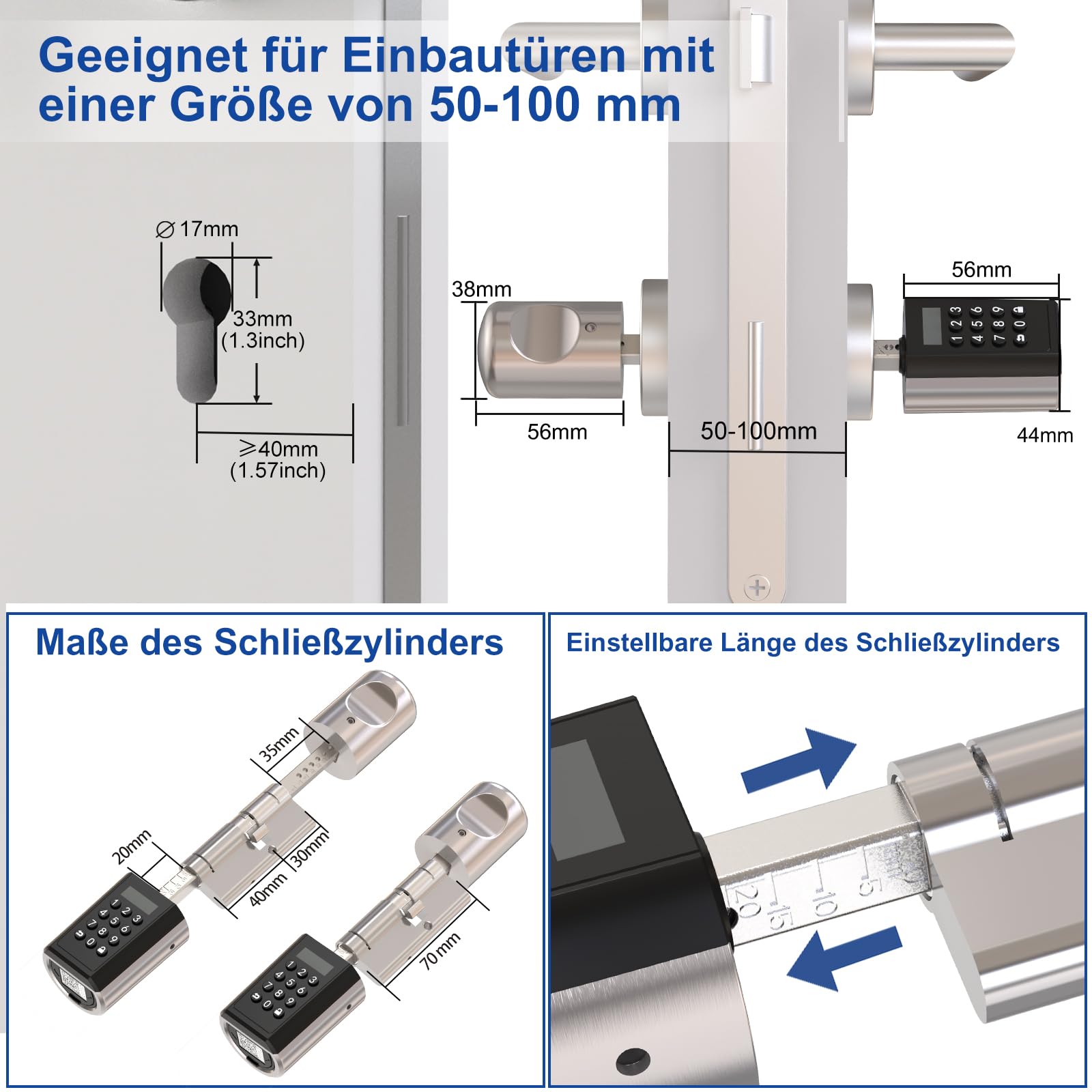 WELOCK PCB41 Elektronisches Türschloss,Smartes Türschloss | mit Passwort,RFID-Karte,APP,WiFi,Elektronisches Türschloss haustür IP65,Einstellbarer Schließzylinder für Türen von 50-100mm,