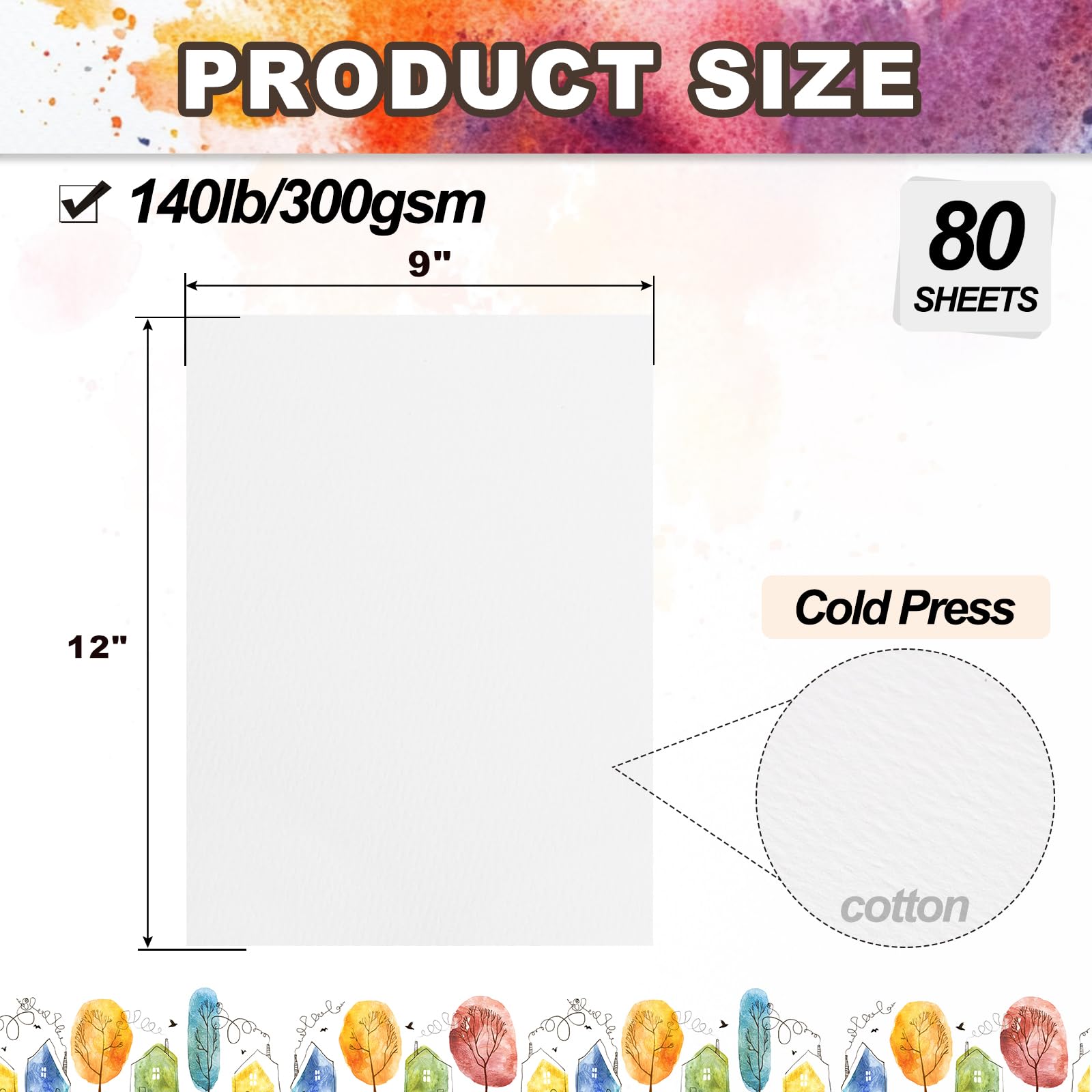 PATIKIL 80 Feuilles Papier Aquarelle Coton 140lb/300 GSM Pressé À Froid