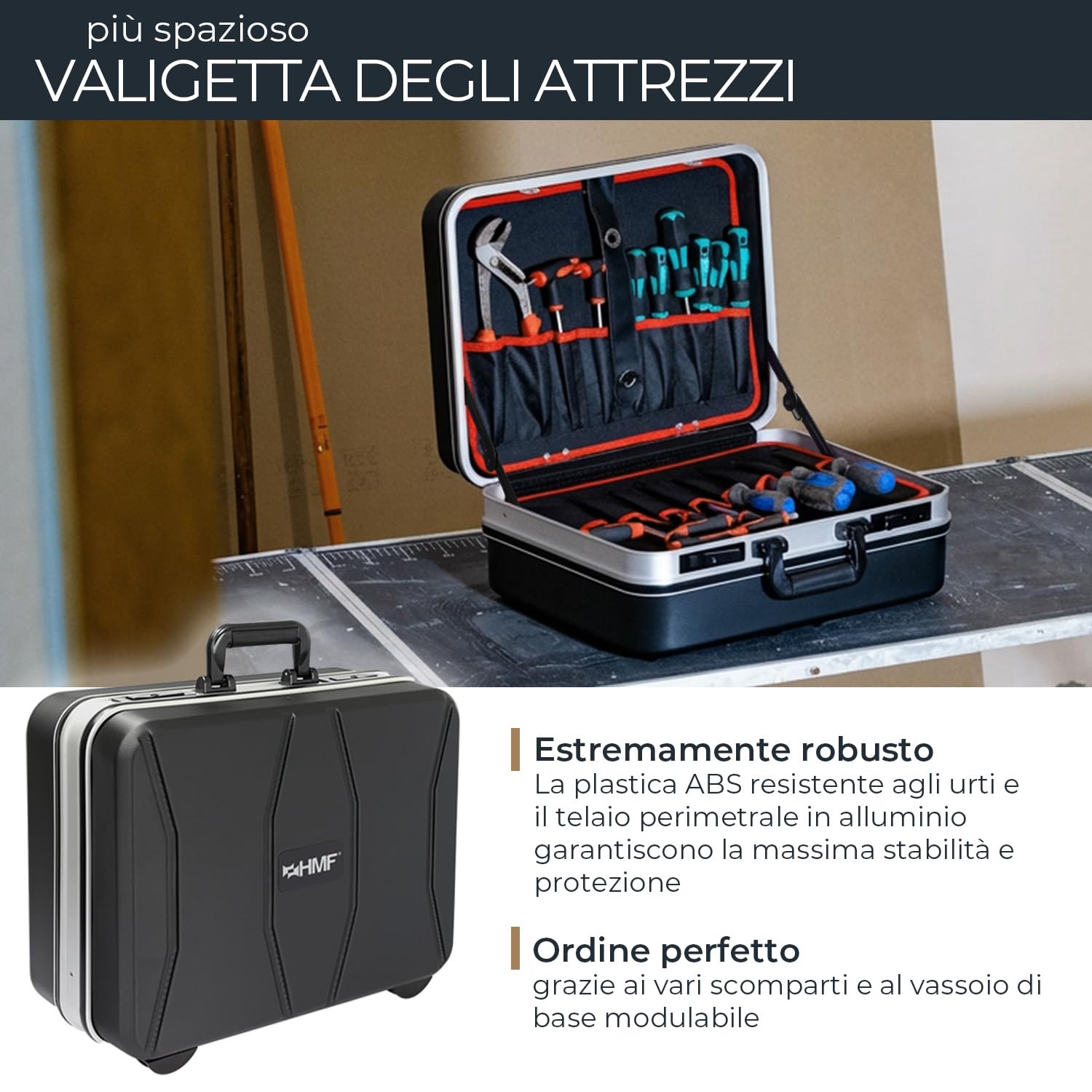 HMF 15601-02 Valigetta per attrezzi vuota, cassetta per attrezzi grande in plastica ABS, 47 x 40 x 22 cm