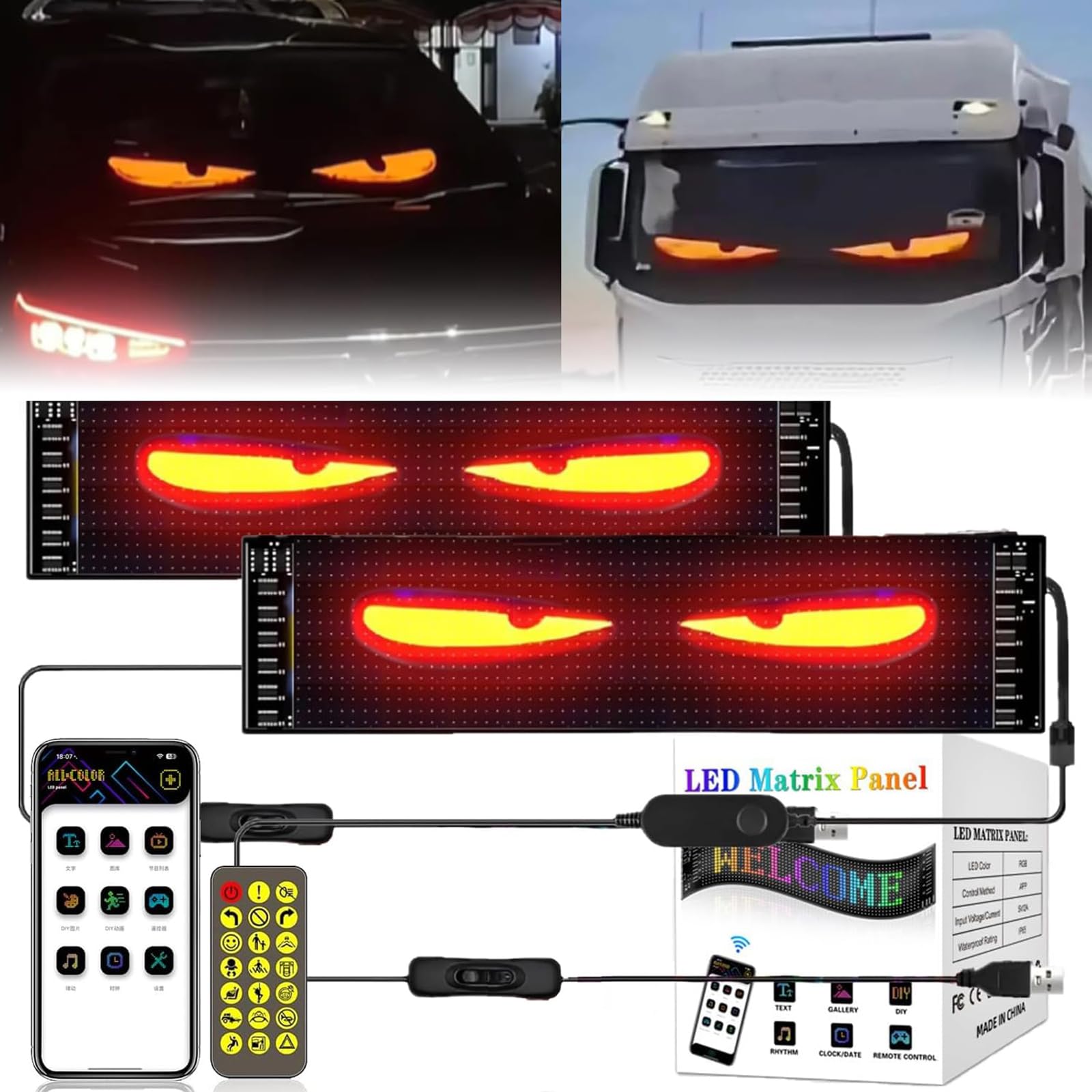 2 pezzi Devil Eyes Light LED Occhi per camion e auto (70 mm x 173 mm), display programmabile, segnale luminoso personalizzabile, Smart App, Bluetooth
