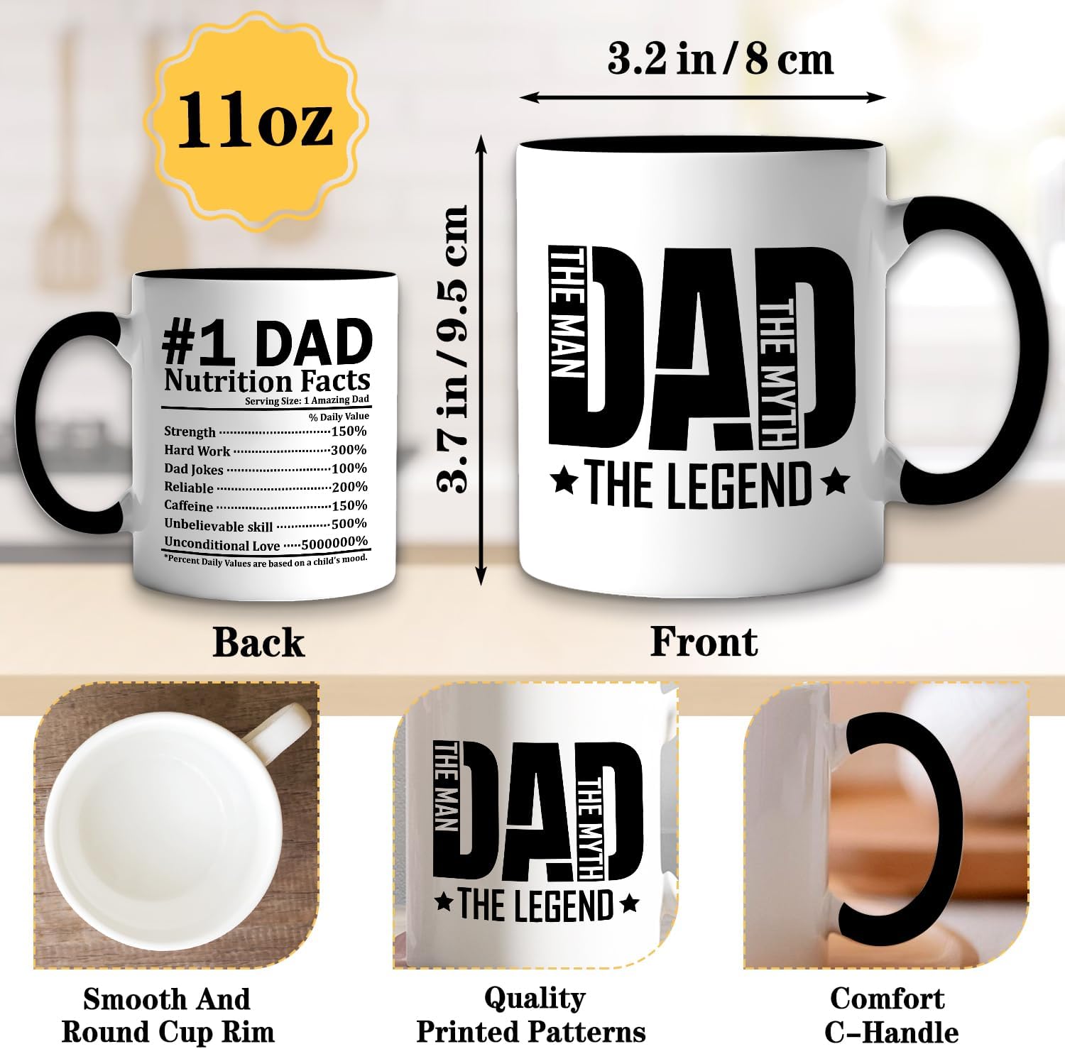Funny Coffee Mug for Dad, Best Dad The Man The Myth The Legend, 11oz Ceramic Double Sided Print Coffee Tea Cup, Father's Day Gifts, Christmas Birthday Gifts for Men Husband Grandpa Friend - Image 2