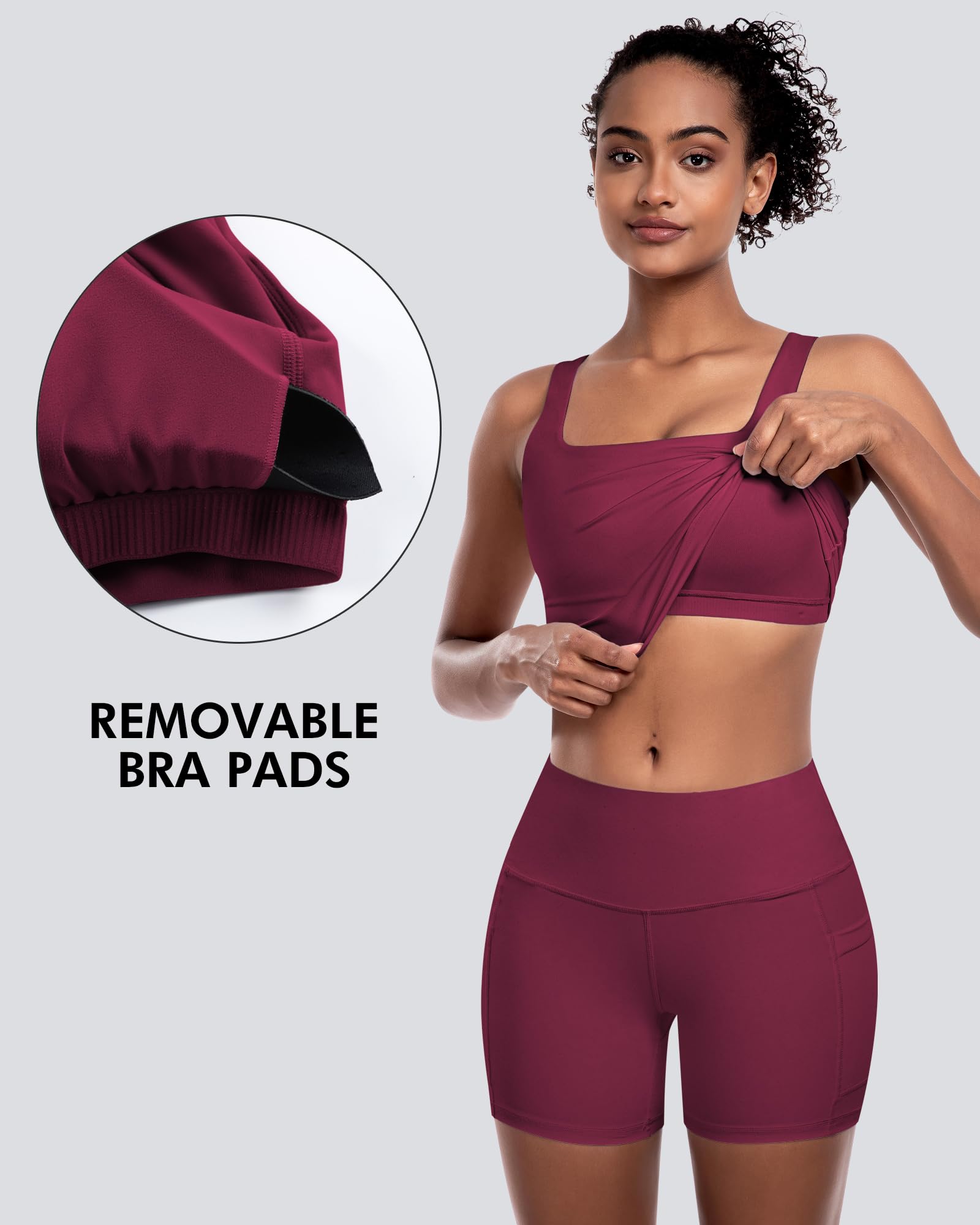 Sujetadores deportivos para mujer, paquete de 5 unidades, camiseta corta de cuello cuadrado para entrenamiento, camiseta de yoga acolchada con almohadillas integradas