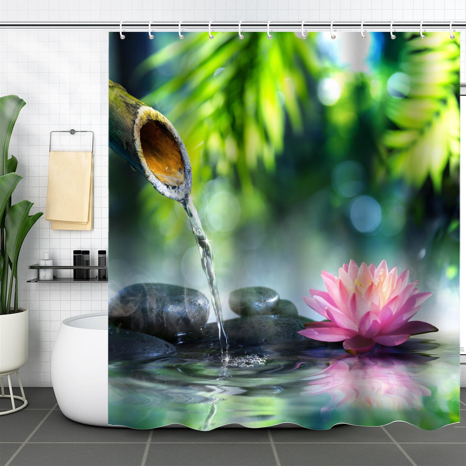Rideau de douche zen motif nature pour transformer votre baignoire en spa à la maison