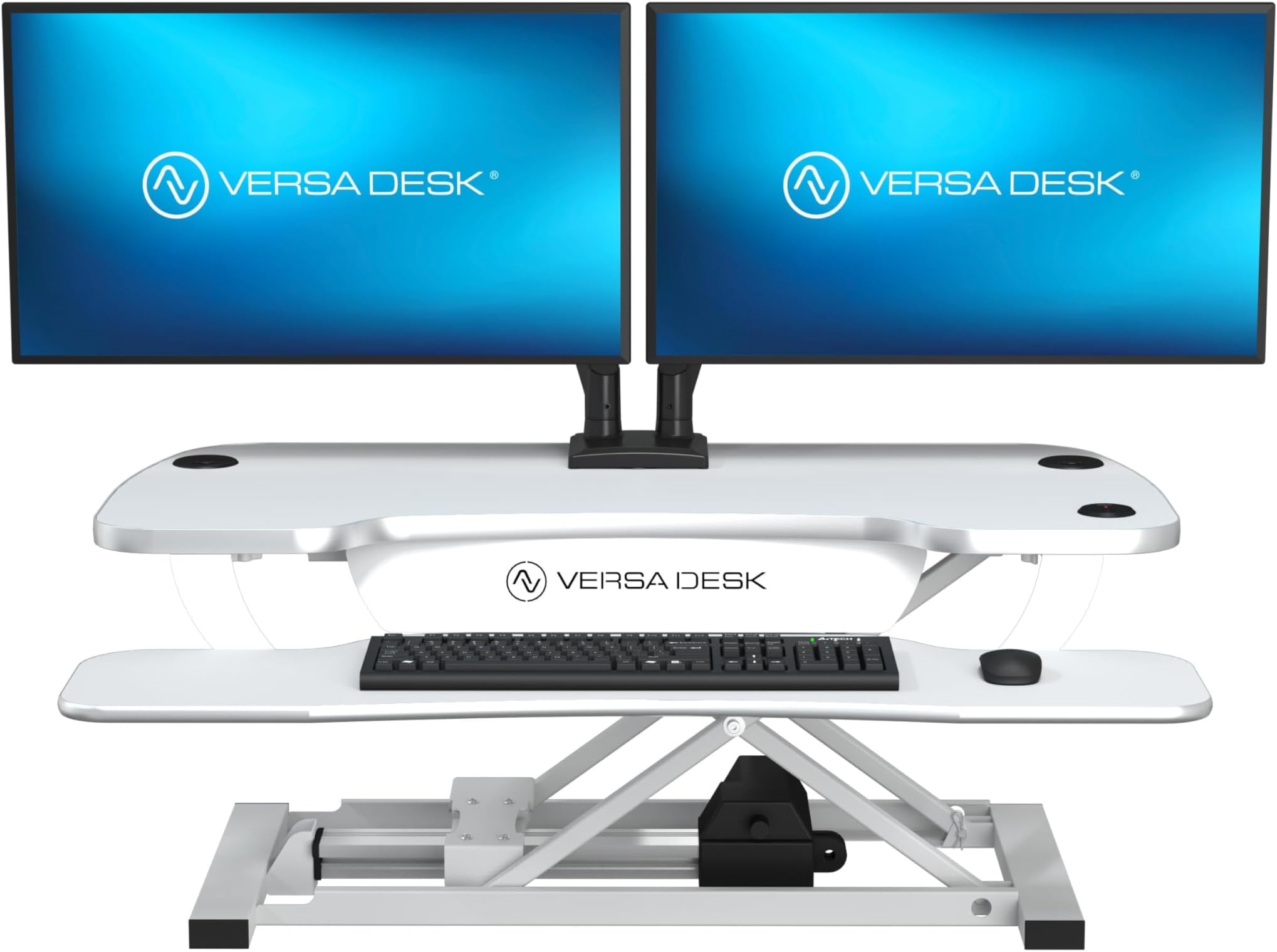VERSADESK PowerPro 36 Inch Electric Standing Desk Converter – Push-Button Height Adjustable Sit to Stand Desk Riser for Dual Monitors & Laptop – Motorized Desktop Workstation with Wide Keyboard Tray