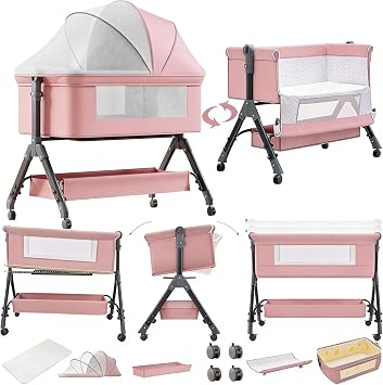 Next to Me Crib, Foldable Baby Bedside Crib, Co-Sleeping Bassinet, Convertible Infant Bedside Cradle Sleeper X3 Pink