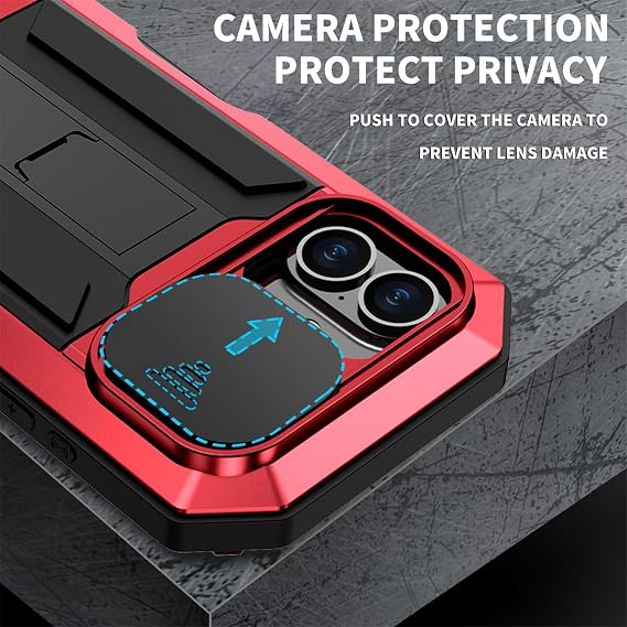 Case for iPhone 16 Pro Max/16 Pro/16 Plus/16, Slide Camera Protection Aluminum Metal Silicone Military Heavy Duty Shockproof Full Body Case with Built-in Screen Protector
