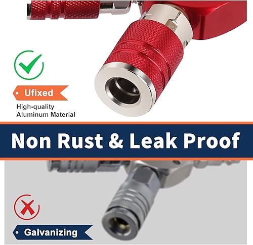 Miniatura 6 de Ufixed Divisor de manguera de aire de 3 vías no óxido Acoplador 14 NPT rojo, divisor de compresor de aire a prueba de fugas múltiple colector de