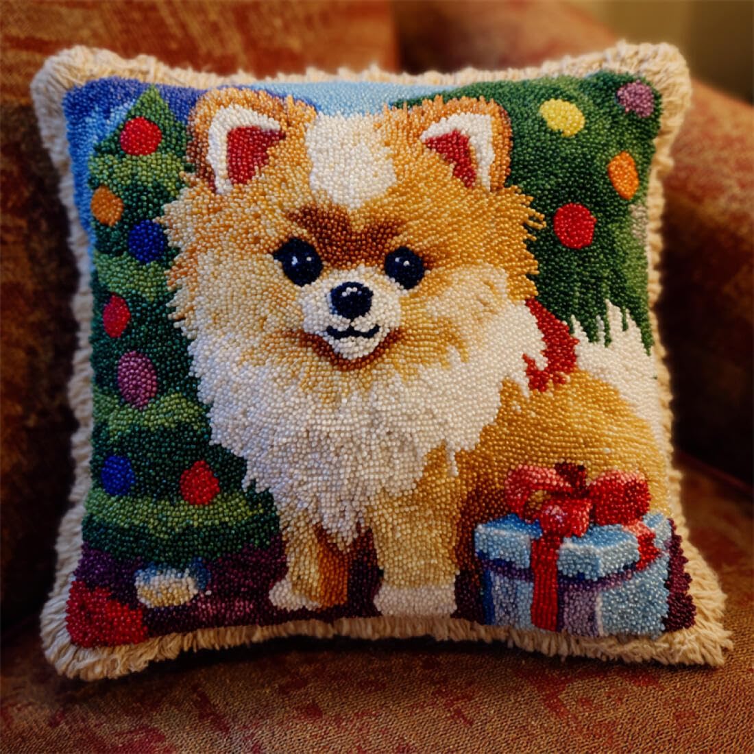 Kitquiver Animal Latch Hook Cushion Craft Kits Christmas Tree and Pomeranian DIY Latch Hook Rug Kit for Beginners Embroidery Cushion Canvasfor Adult Beginners 17x17In
