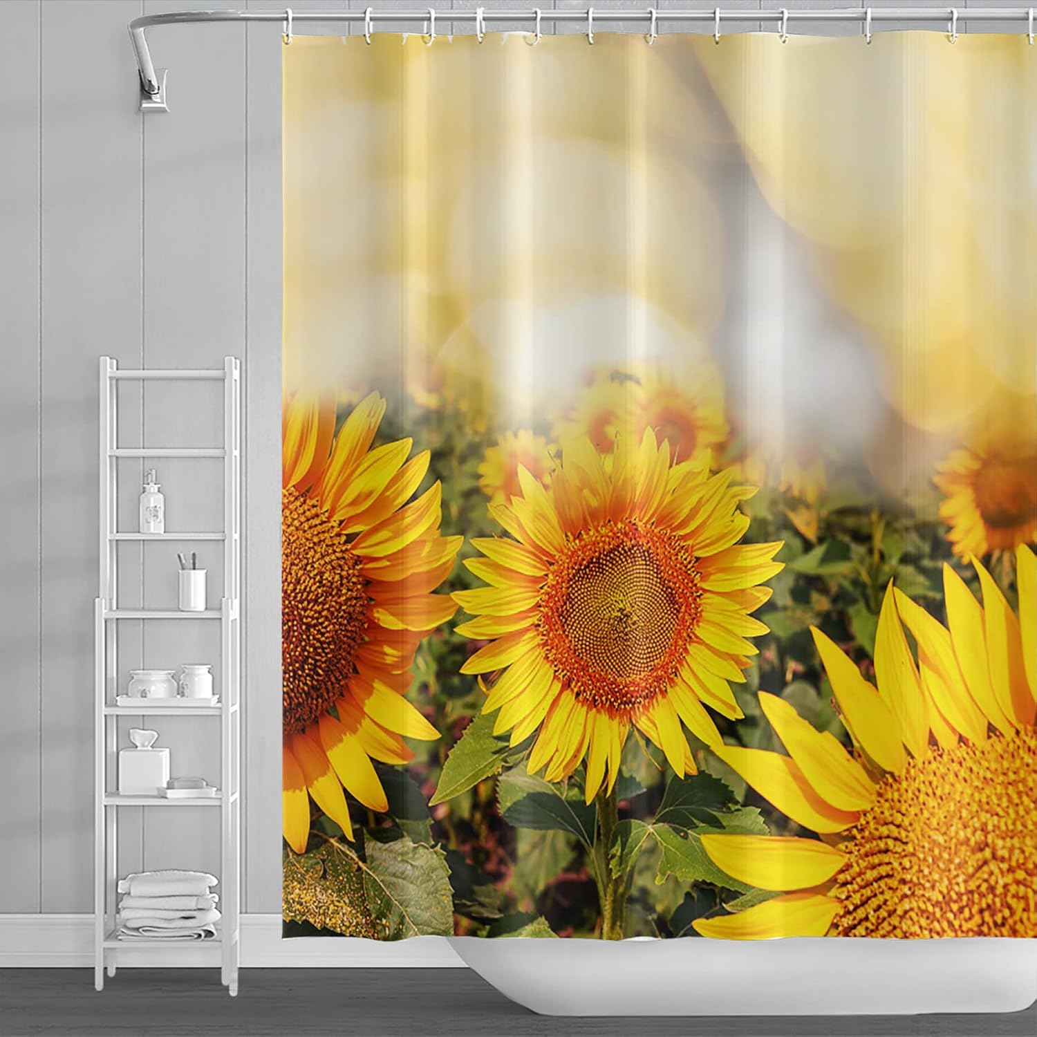 Yeele Sunflower Shower Curtain Summer Fall Harvest Festival Nature Landscape Bokeh Waterproof Polyester Bathroom Shower Curtain Flower Bathtub Accessories with 12 Hooks,72x96in