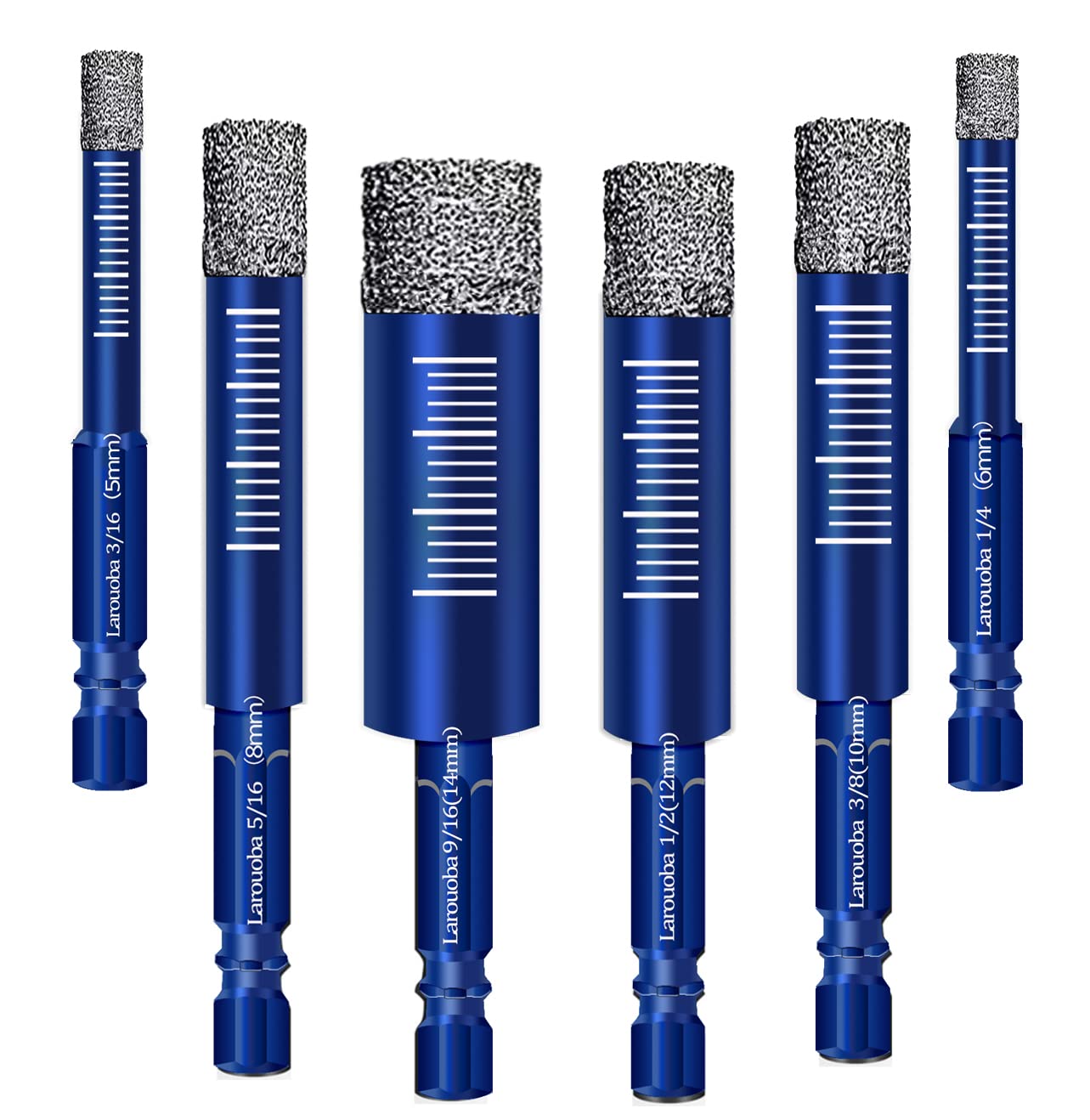 6pcDiamond Drill Bit, Masonry Drill Bits Set for Porcelain Tile Ceramic Stone Granite Marble Hex Shank Diamond Hole Saw Drill Bit with Size 3/16” to 9/16” (Blue)