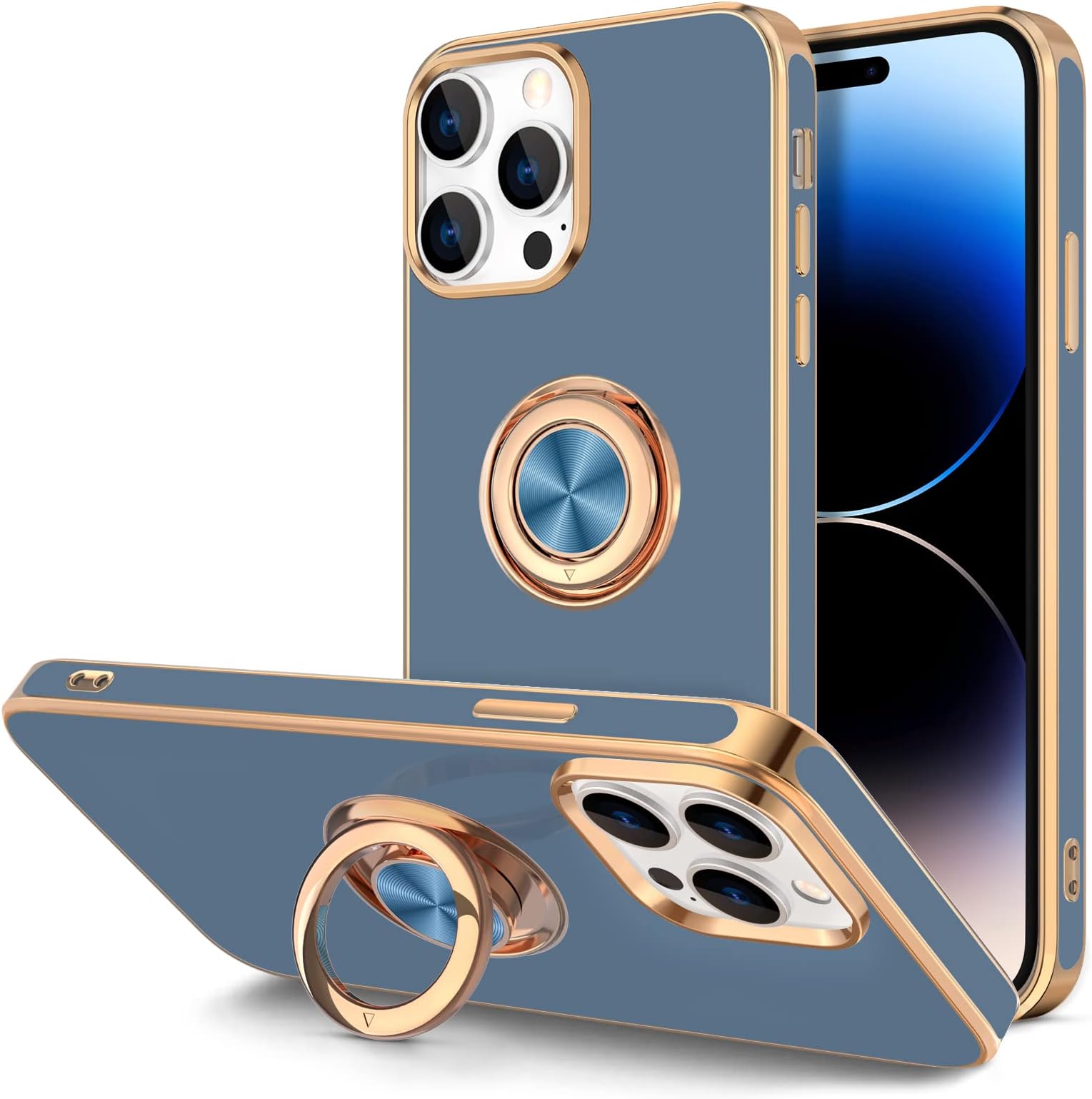 Hython for iPhone 14 Pro Max Case with Ring Stand [360° Rotatable Ring Holder Magnetic Kickstand] [Support Car Mount] Plated Gold Edge Slim Soft TPU Luxury Protective Phone Case Cover, Blue Gray