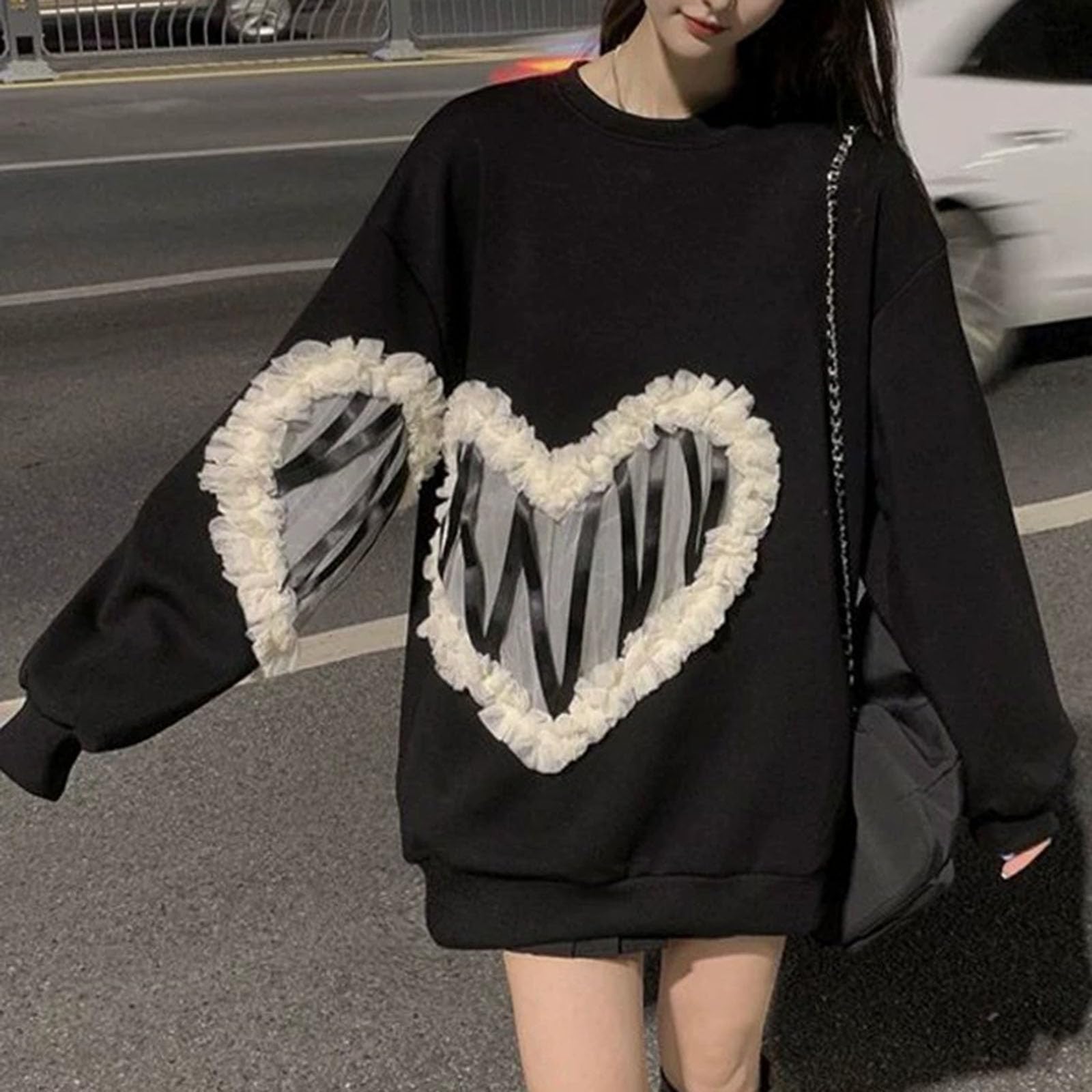 Felpa Oversize da Donna con Girocollo, Motivo a Cuore, Manica Lunga, Top Casual