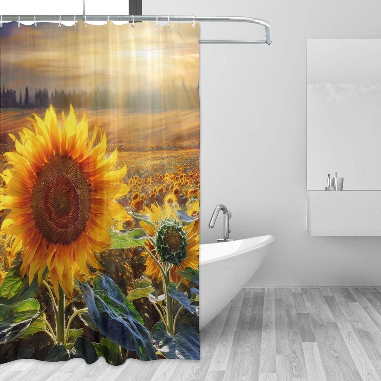 Rideau de douche imperméable anti-moisissure à motif tournesol avec 12 crochets inclus