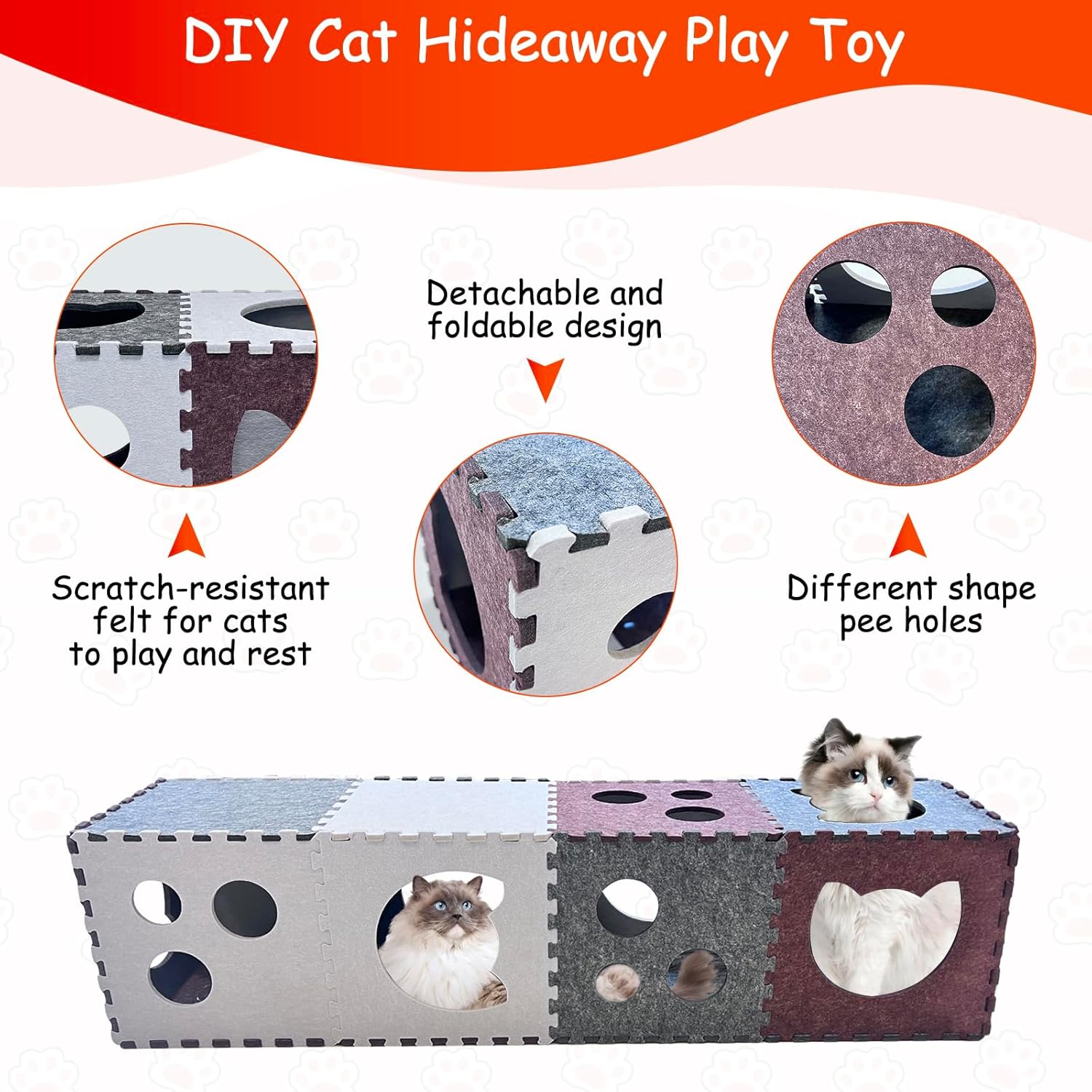 18 PCS Cat Tunnel, DIY Transformable Peekaboo Cat Cave, Scratch-Resistant Felt Cat Tunnel, Felt Cat Hideaway Cave with Interactive Peek Holes