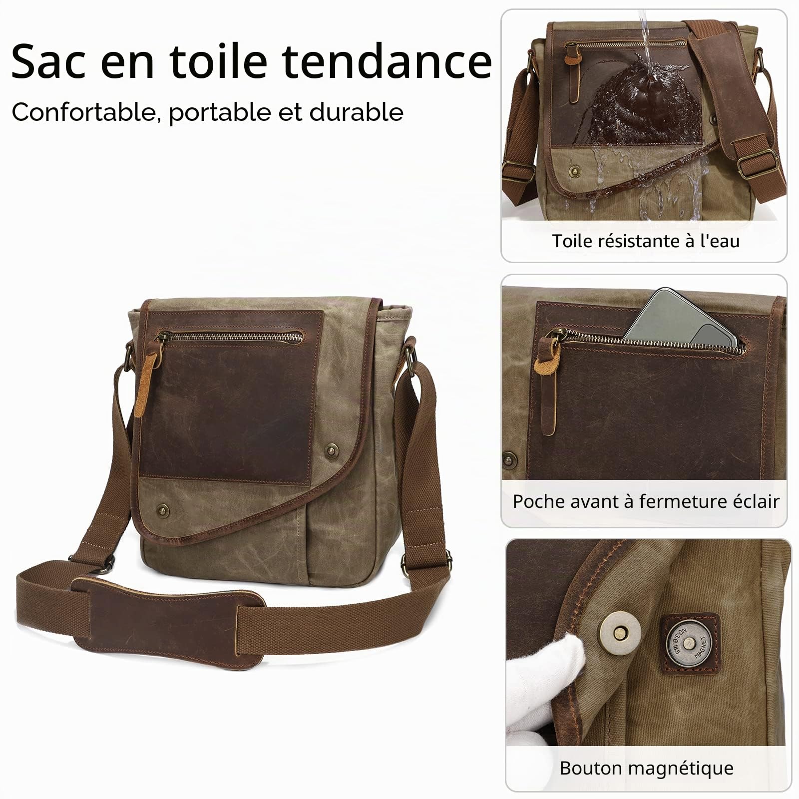 VARLIVOO Rétro Homme Sacs Bandoulière Sac d'épaule Sac Messager Commuer Voyager École Randonnée Camping Travail L'école Multifonctionnel Plusieurs Poches Imperméable Toile Kaki