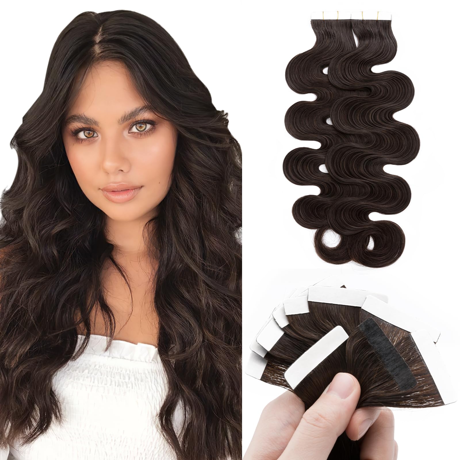 Benehair Remy Tape in Hair Extensions Human Hair Dark Brown Seamless Skin Weft Tape in Real Human Hair Extensions Wavy Hair 16 Inch 100g #2 40pcs