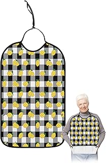 BOBOWUNY Summer Lemon Adult Bibs for Elder Women Men Eating, Black White Plaid Farmhouse Rustic Waterproof & Washable Bibs for Eating Clothing Protector Dining Bibs for Crumb Catcher