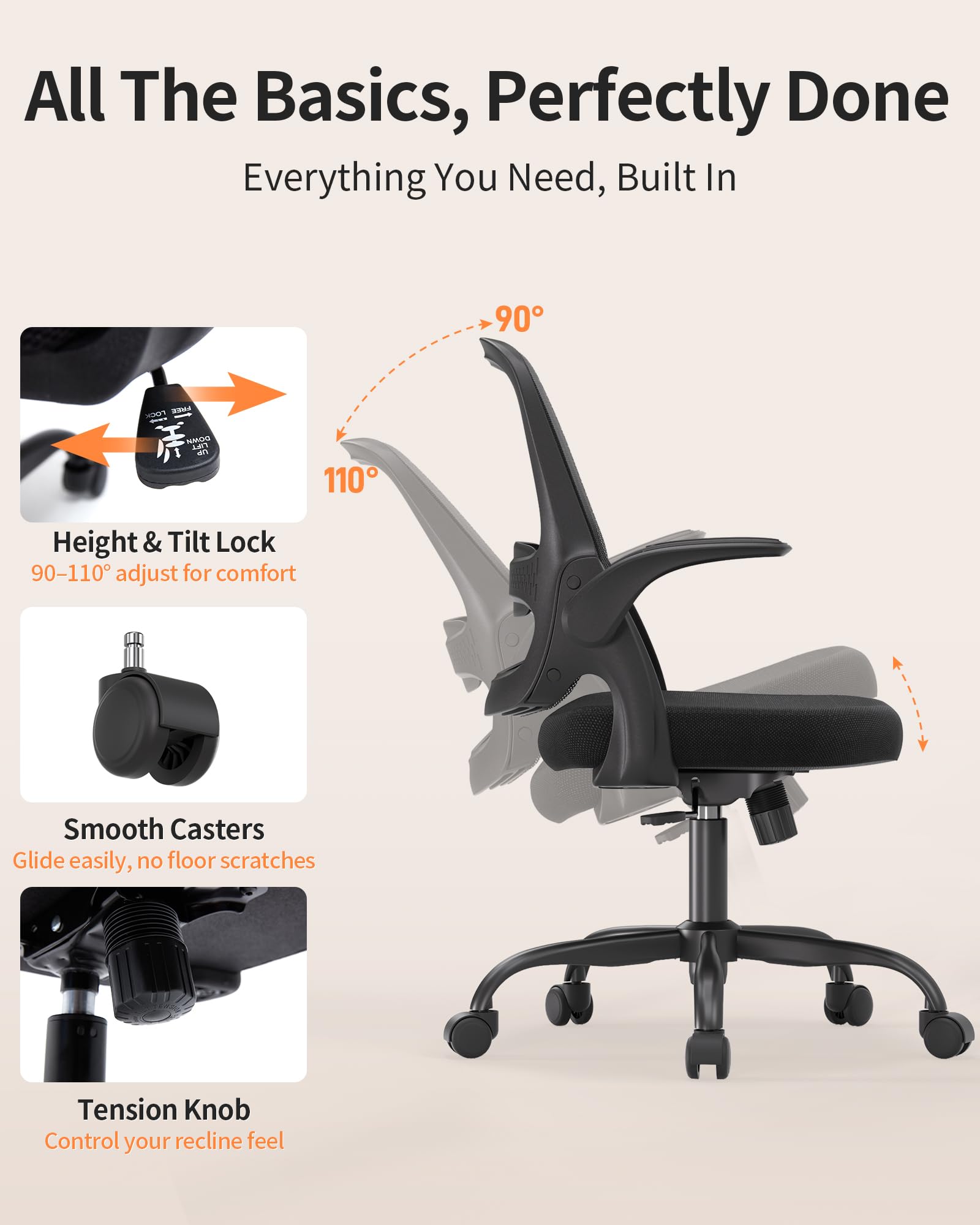 Ergonomic Mesh Office Chair with Flip-Up Arms Adjustable Height Breathable Mesh Back Thick Cushion Seat 360 Swivel Rolling — view 5