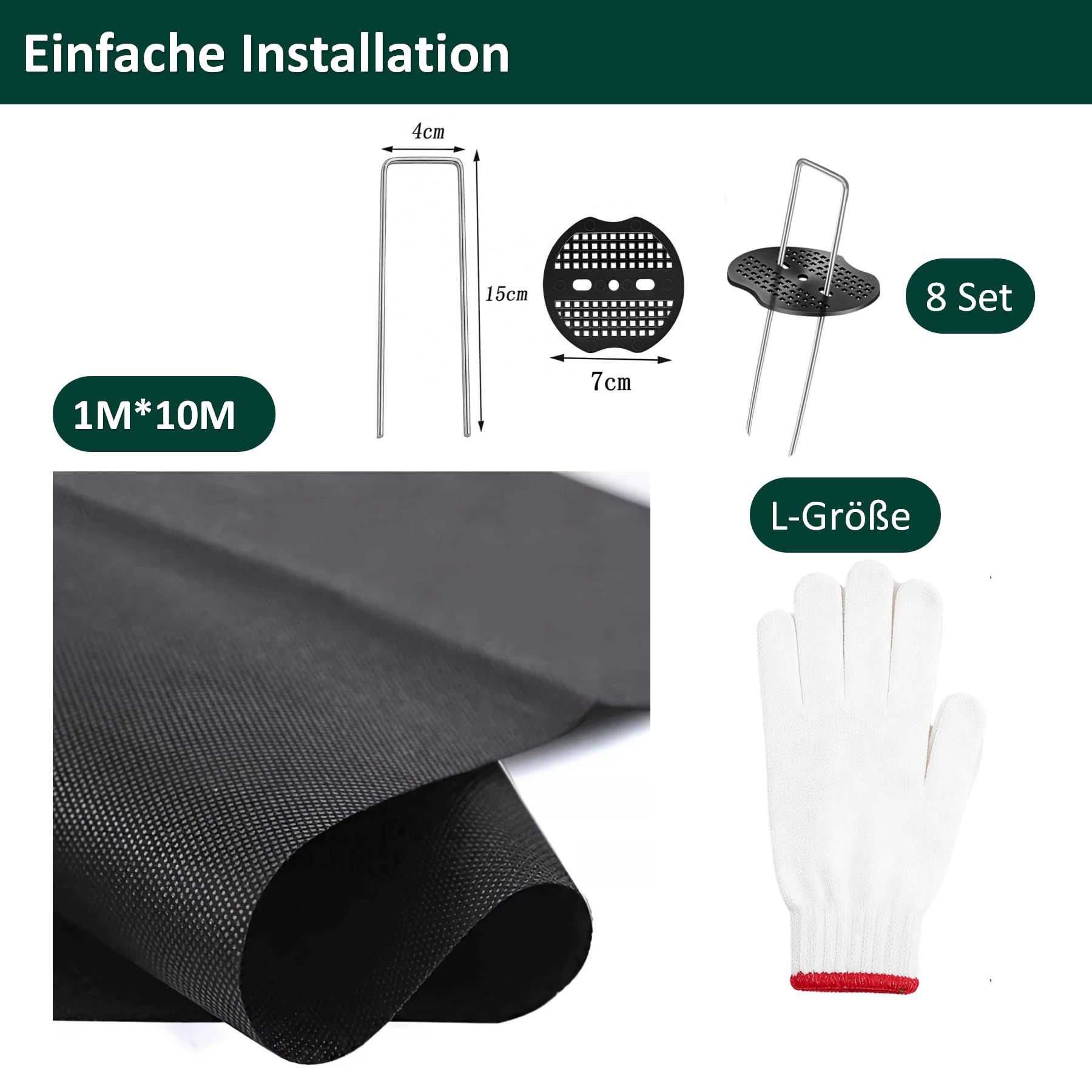 Unkrautvlies 100g/m² Extra Stark – 1m x 10m Unkrautfolie mit versiegelten Kanten – Wasserdurchlässiges Gartenvlies inkl. 16 Erdnägel mit Unterlegscheiben & Handschuhe – UV-Stabil & Reißfest