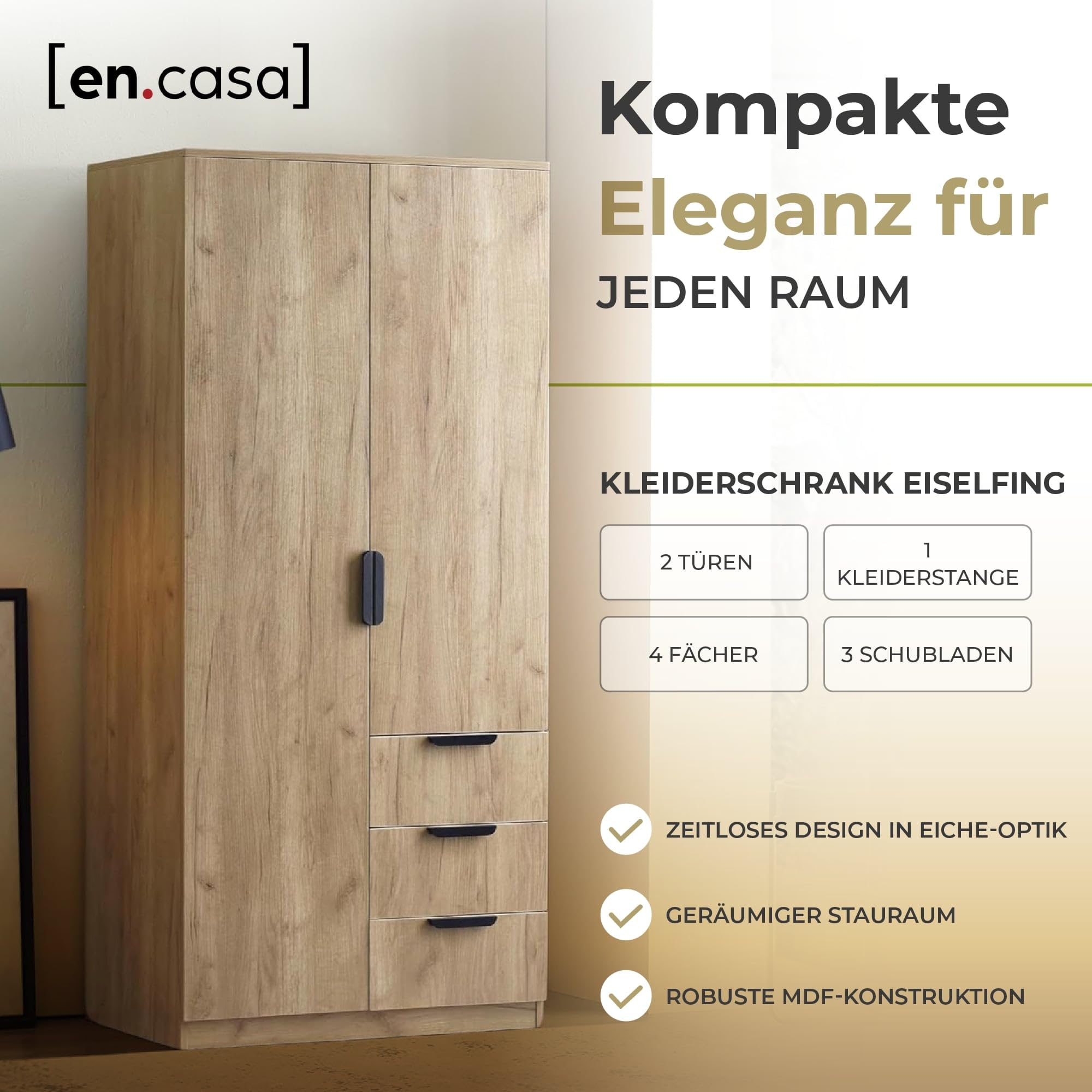 Kleiderschrank Eiselfing mit 2 Türen 176 x 80 x 52 cm Eicheoptik 1 Kleiderstange 4 Fächer 3 Schubladen