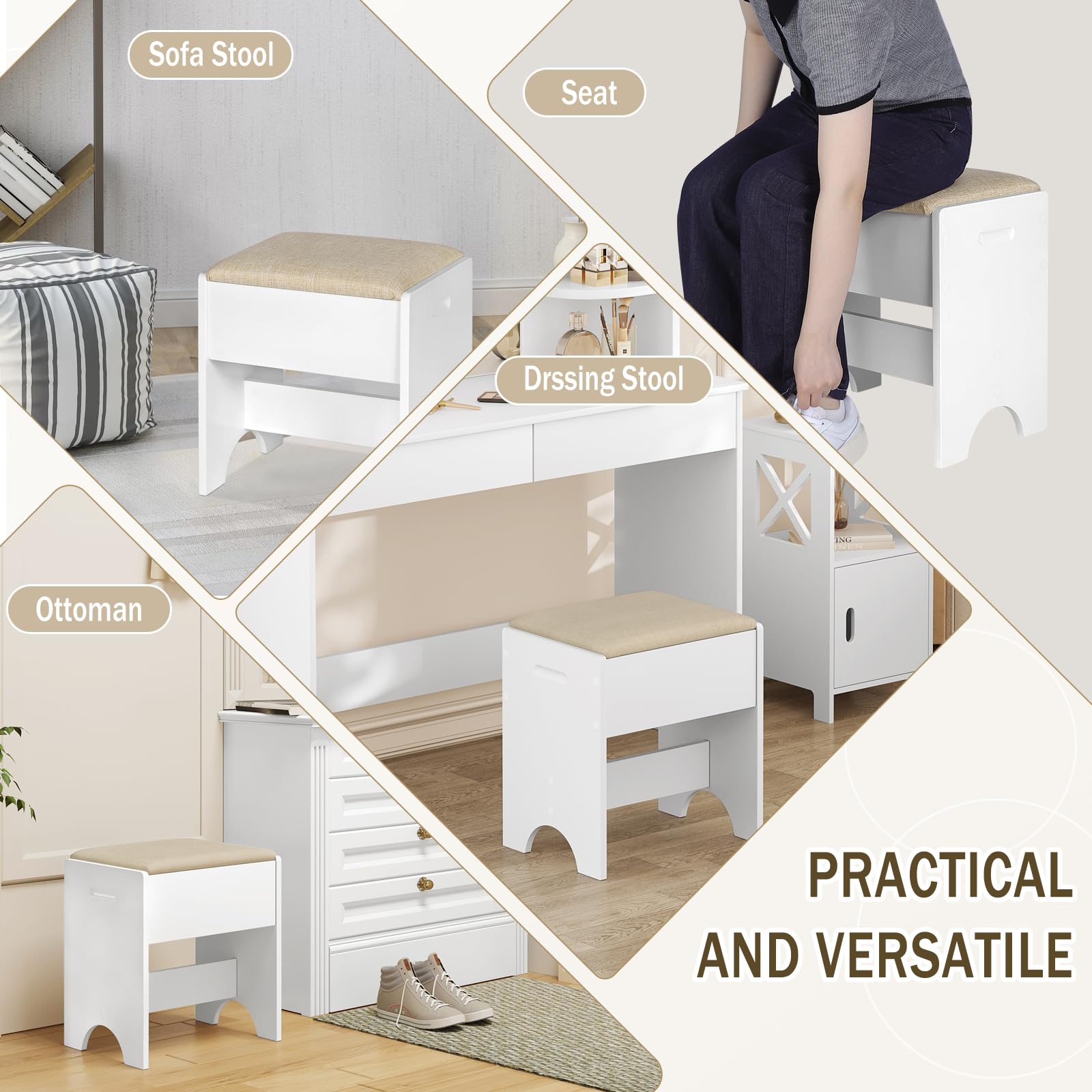 WOLTU Taburete Tocador, Taburete Maquillaje para Dormitorio, Silla Tocador con Asiento Tapizado en Lino Transpirable, Estructura MDF E1, 40x30x45cm, Beige+Blanco, MB6098be