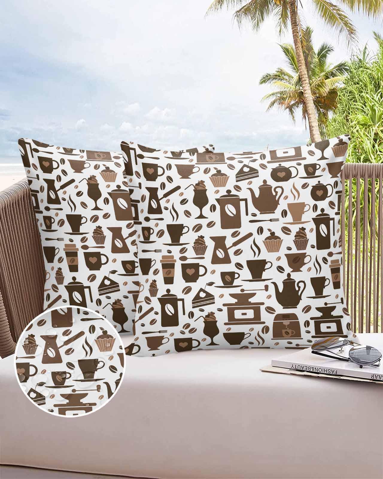 Boanket Outdoor Pillow Covers 20 x 20 Inches, Brown Coffee Waterproof Throw Pillow Cover Set of 2, Farmhouse Rustic Coffee Home Decorative Square Cushion Covers for Patio/Tent/Couch/Garden