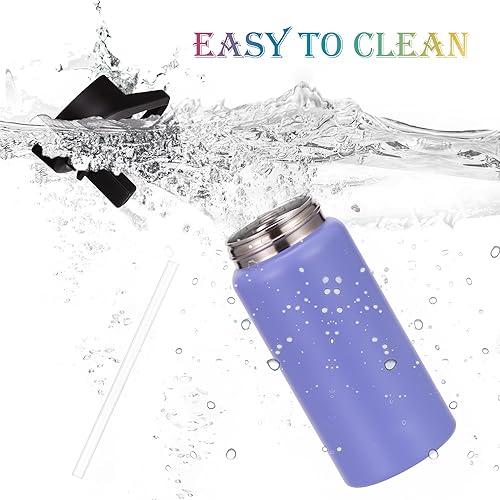 Miniatura 4 de Botella de agua para niños con tapa de popote y asa, paquete de 4, botellas de agua de acero inoxidable de 16 onzas a granel, aptas para