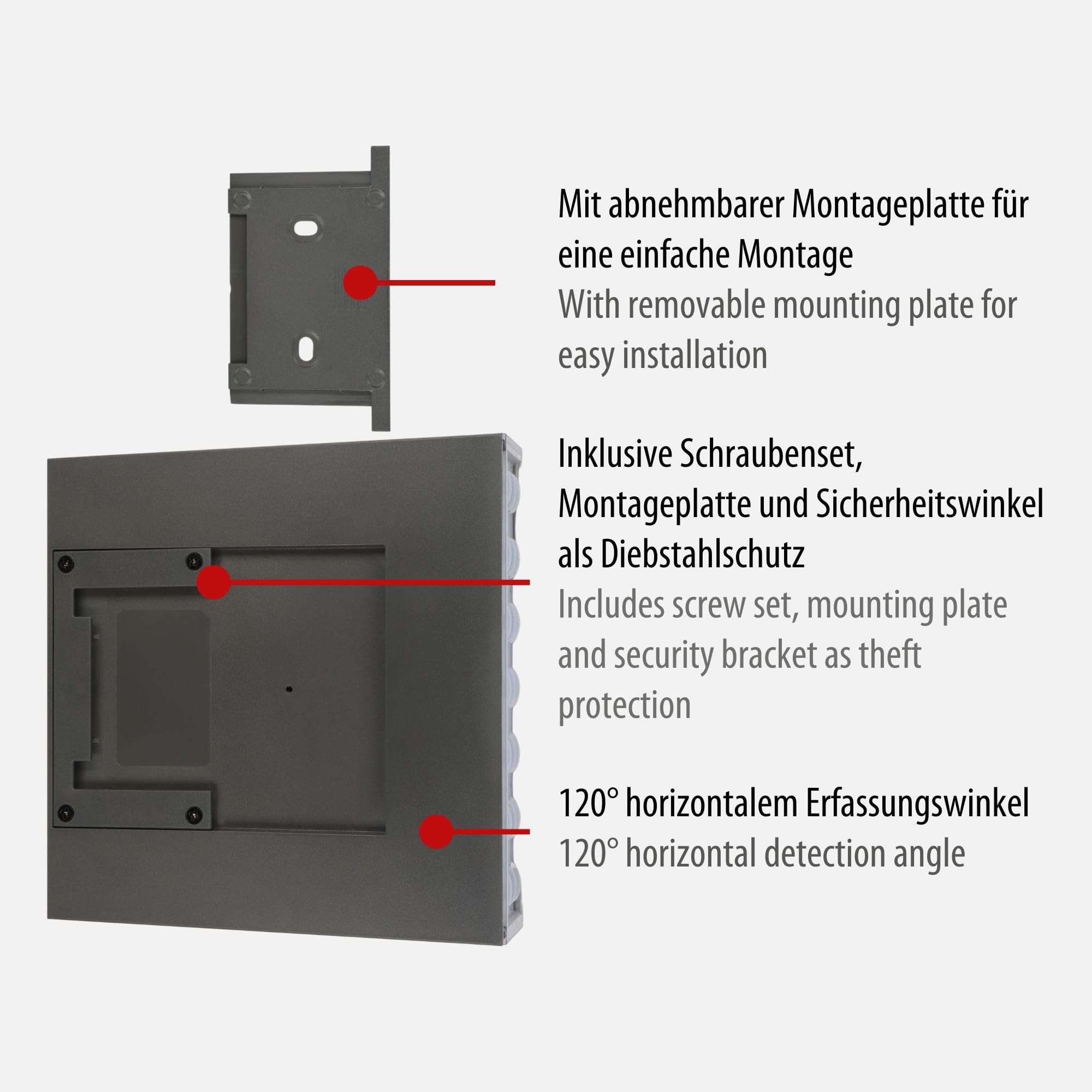 Brennenstuhl Solar LED Faro SOL 1000 Lampada da parete piana/LED per esterni con rilevatore di movimento (IP54, 1000lm, 4 diverse modalità di illuminazione, sensore crepuscolare, incl. batteria