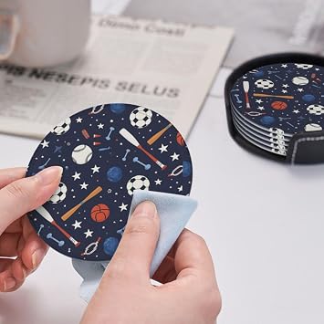 6 Pcs Sports Balls and Bat Patterns Leather Coasters for Drinks with Holder Round Mug Mat Table Desk Coasters Set Cup Coasters for Living Room Kitchen Coffee Decor