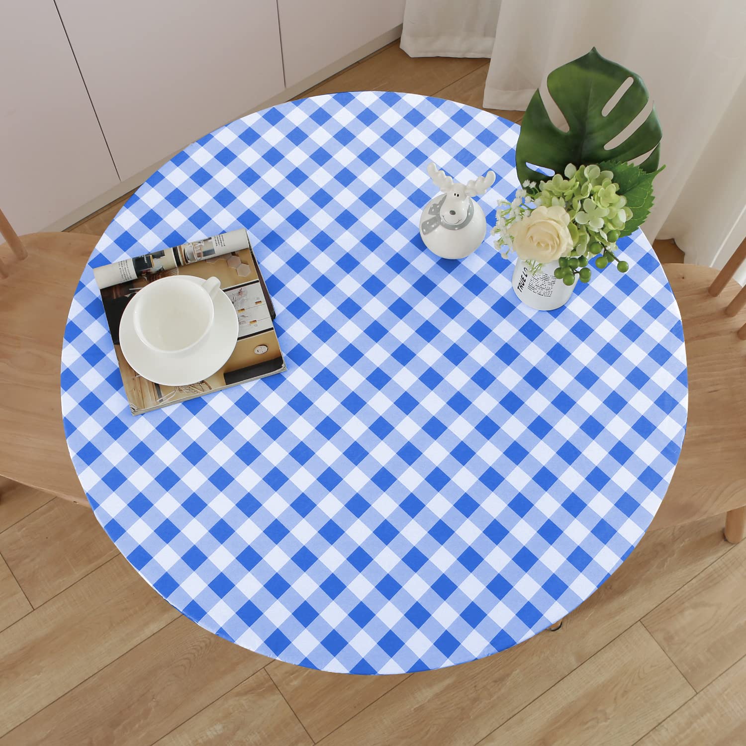 NLMUVW Round Fitted Vinyl Tablecloth with Elastic Edge 100% Waterproof Oil Proof PVC Table Cloth Wipe Clean Table Cover for Indoor and Outdoor, Blue Check, 40"- 44" โ image 1