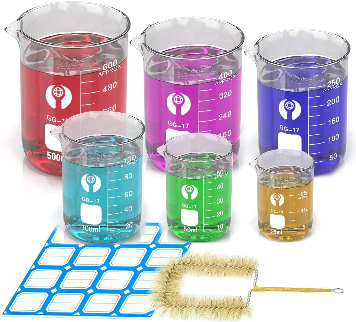 Wandefol Set of 6 Glass Beaker Glass Graduated Beaker + 1 * Beaker Brush + Labels Sticker, Laboratory Beaker High Temperature Resistance 25ml/50ml/100ml/250ml/400ml/600ml