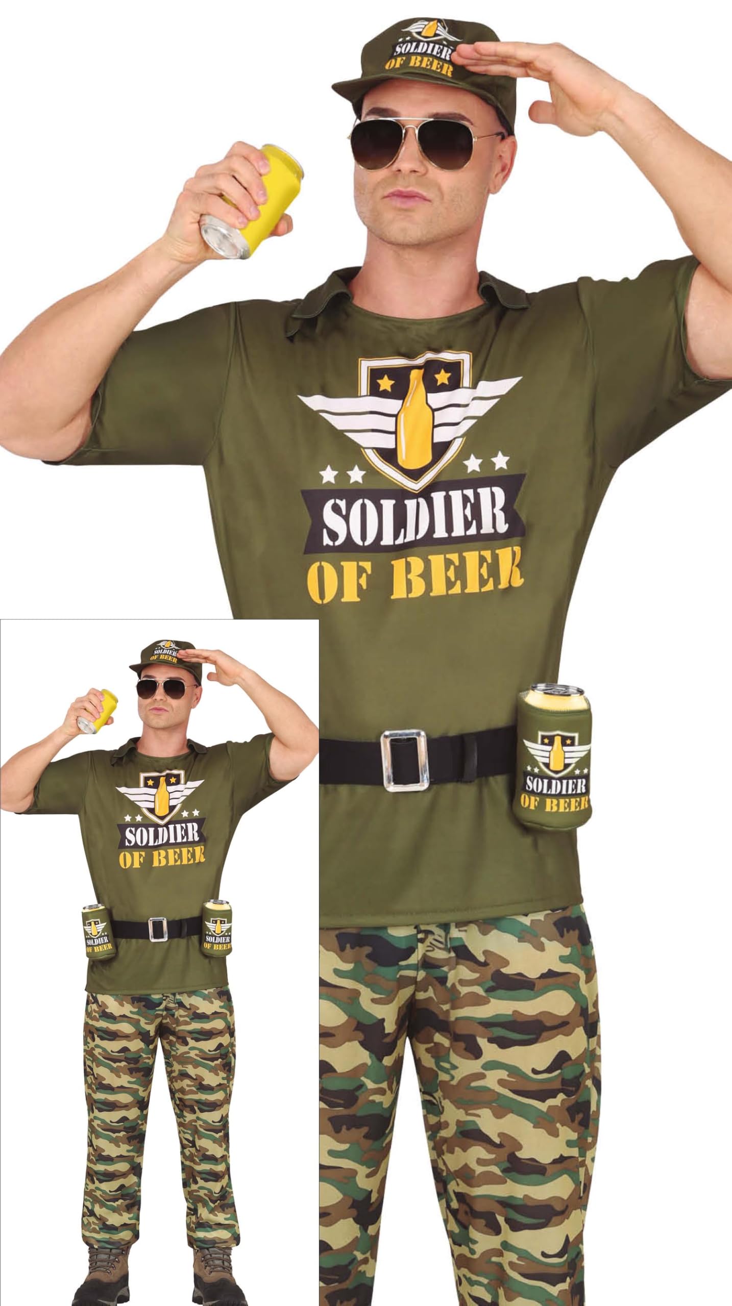 FIESTAS GUIRCA Beer Soldier Mens Fancy Dress Costume - Funny Military Superhero Mens Costume - Army Bachelor Party Stag Do Fancy Dress Men Size L